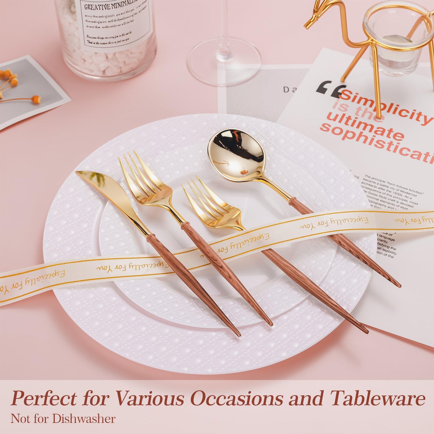 Lullaby 120PCS Gold Plastic Silverware, Gold Disposable Cutlery with Wood Grain Handle Include 40 Forks, 40 Spoons, 40 Knives, Elegant Disposable Silverware for Wedding, Party, Gathering, Daily Use