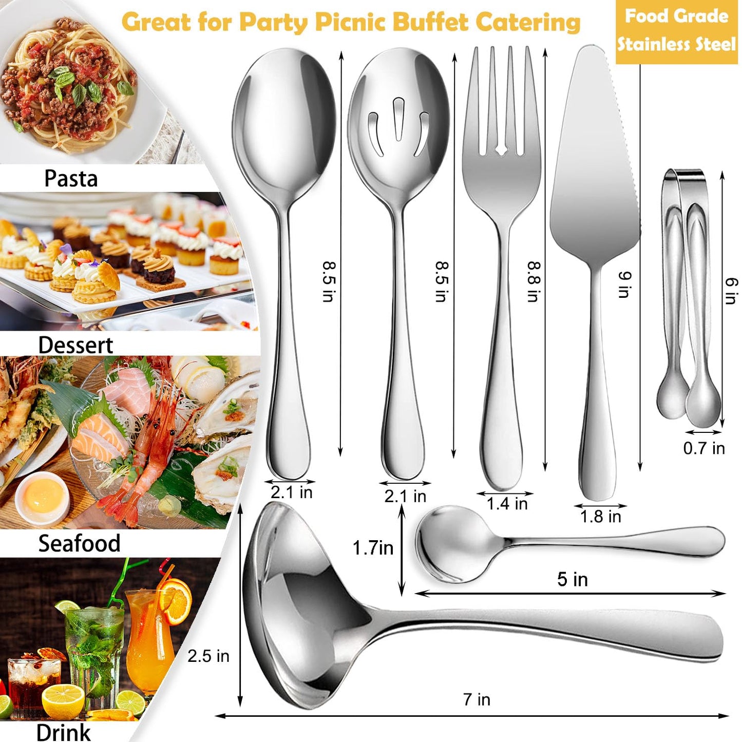 IAXSEE 8 PCS Stainless Steel Serving Utensils, Large Serving Spoons Slotted Spoons, Forks, Ice Suger Tongs, Cake Server, Soup Ladle, Metal Utensils Set Great for Buffet Catering Banquet Party, Silver