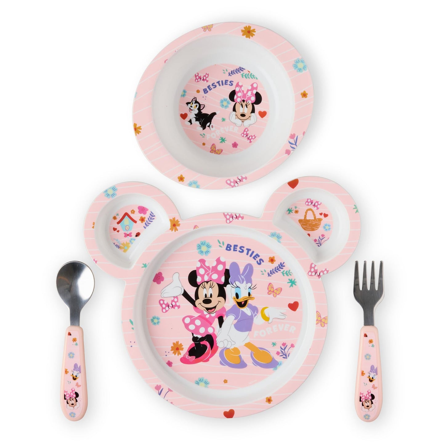 The First Years Disney Minnie Mouse Kids Dinnerware Set - Includes Toddler Plate, Bowl, Fork, and Spoon - Baby Led Weaning Supplies - 4 Count- Ages 9 Months and Up