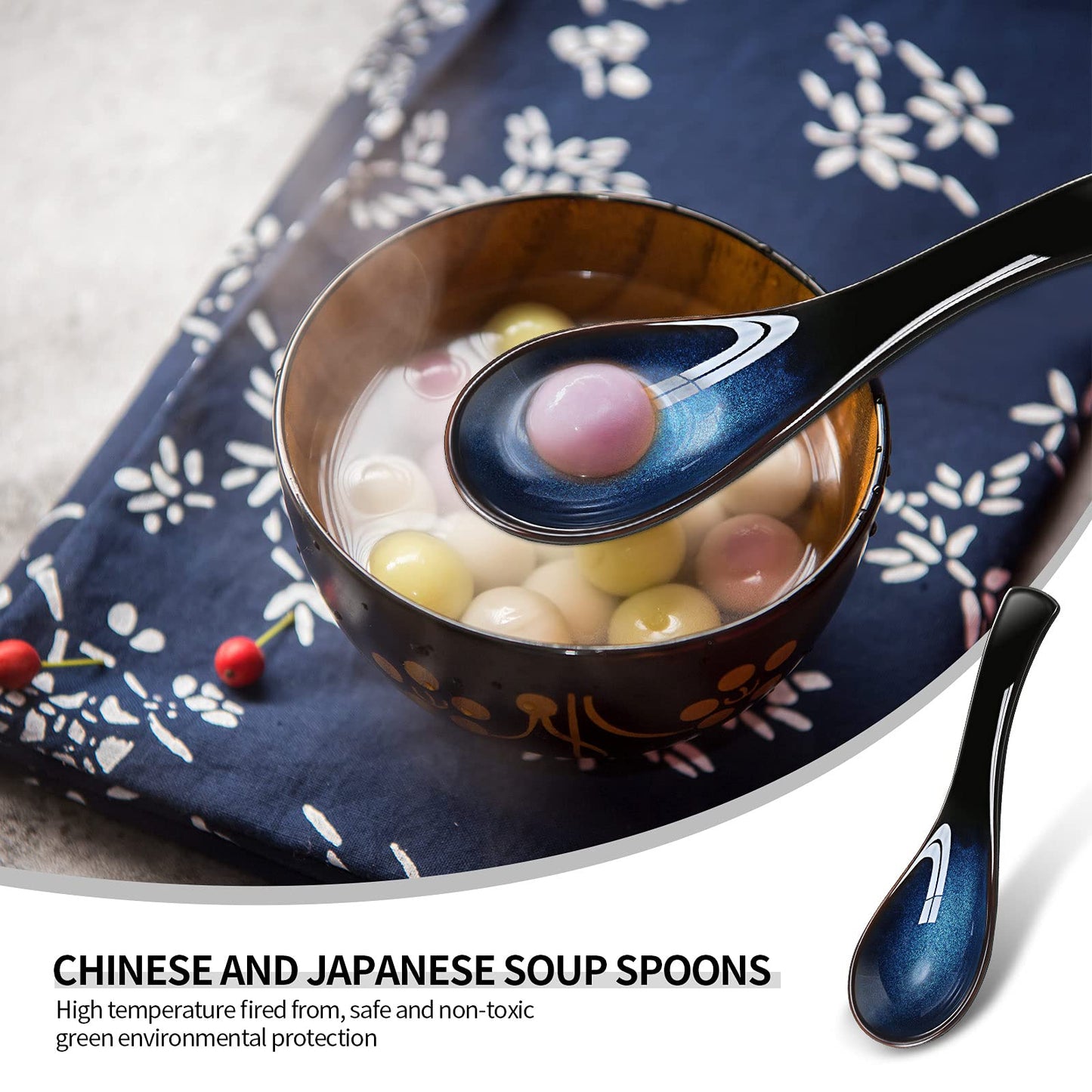 Geiserailie 4 Pieces Asian Ceramic Soup Spoons Set Long Handle Chinese Spoons Retro Blue Japanese Ramen Bowl Soup Spoon Suitable for Gravy, Cake, Oatmeal, Dumplings