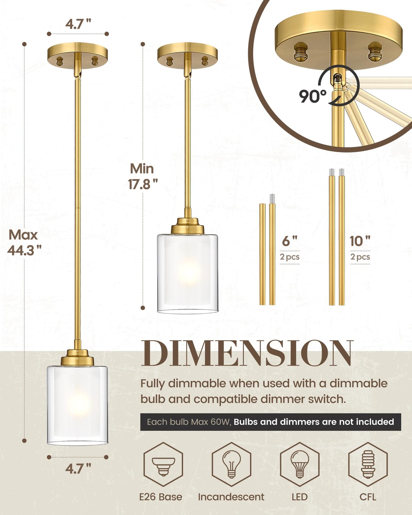 TENGXIN Modern Pendant Light,Brushed Gold Modern Pendant Light for Kitchen Island,Hanging Ceiling Light Fixture,Farmhouse Pendant Lighting for Dining Room Bedroom Bar Office 2Pack,TXPLBG02-2PK