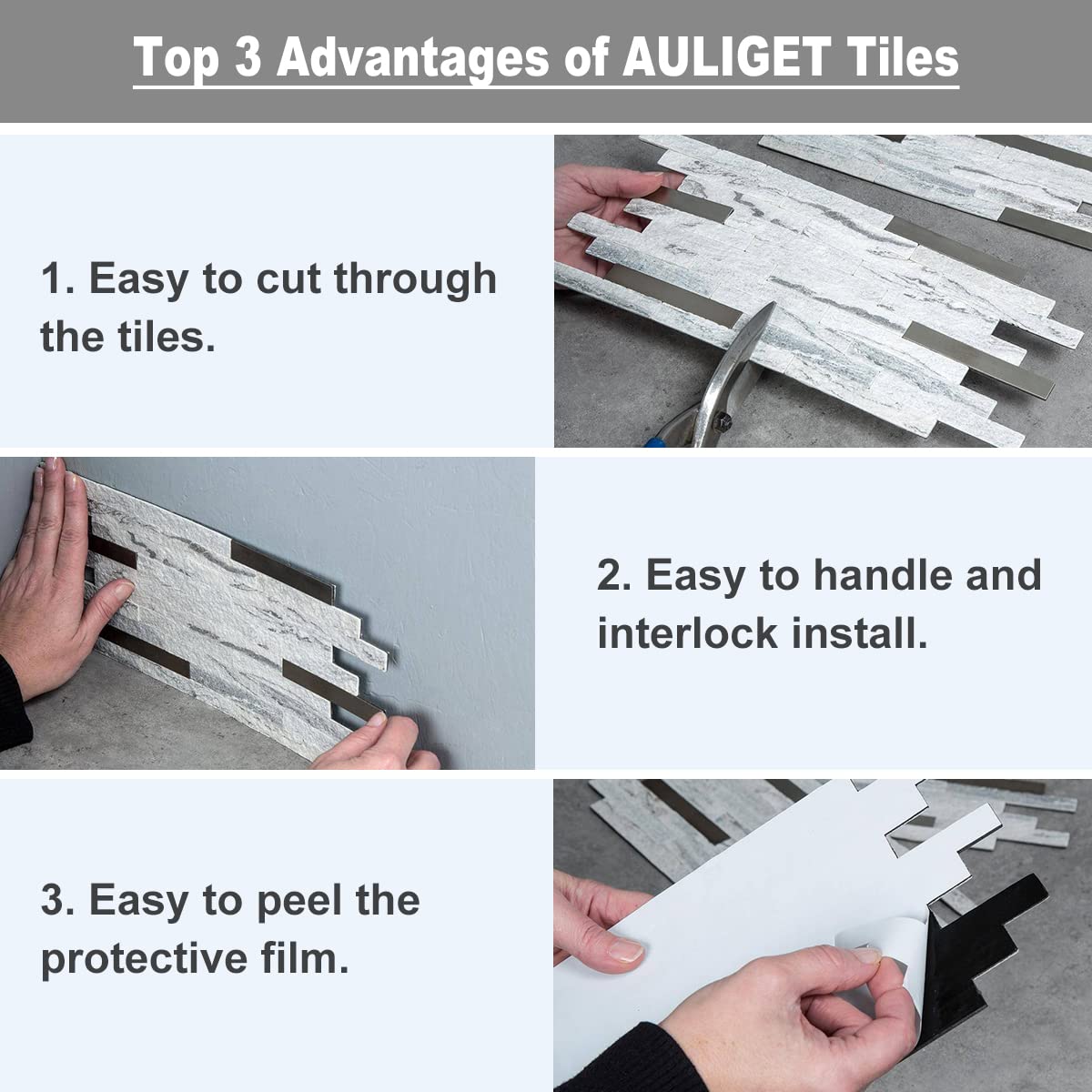 AULIGET 40 Sheets Faux Stone Peel and Stick Backsplash, White Marble Look PVC Wall Tiles Stick on Backsplash for Kitchen