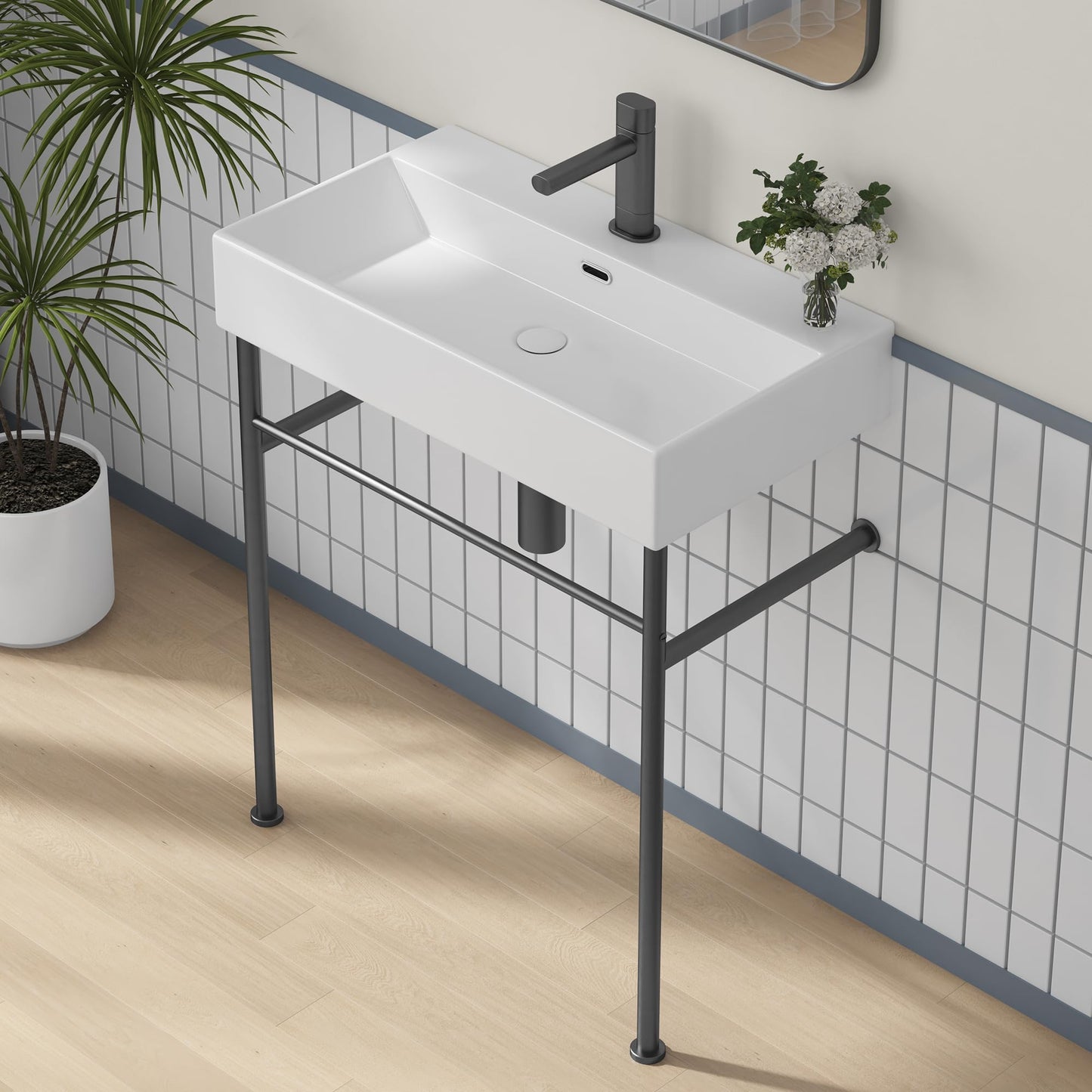 Eridanus 30"x16" Console Bathroom Sink, Free Standing 30 Inch Bracket Stainless Steel Support Pedestal Legs, Wall Mount Vessel Ceramic Vanity Basin, Modern Rectangular Sinks Porcelain, Matte Black