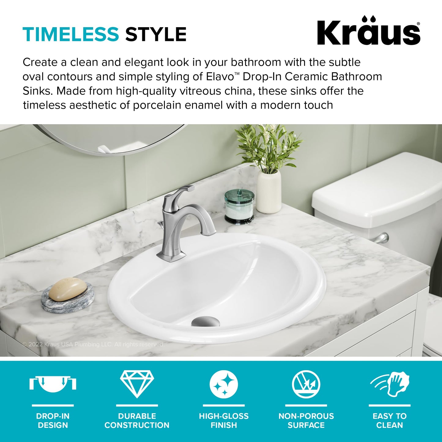 KRAUS Elavo 20.5 in. Oval Porcelain Ceramic Self-Rimming Drop In Bathroom Sink in White with Overflow Drain, KCT-100