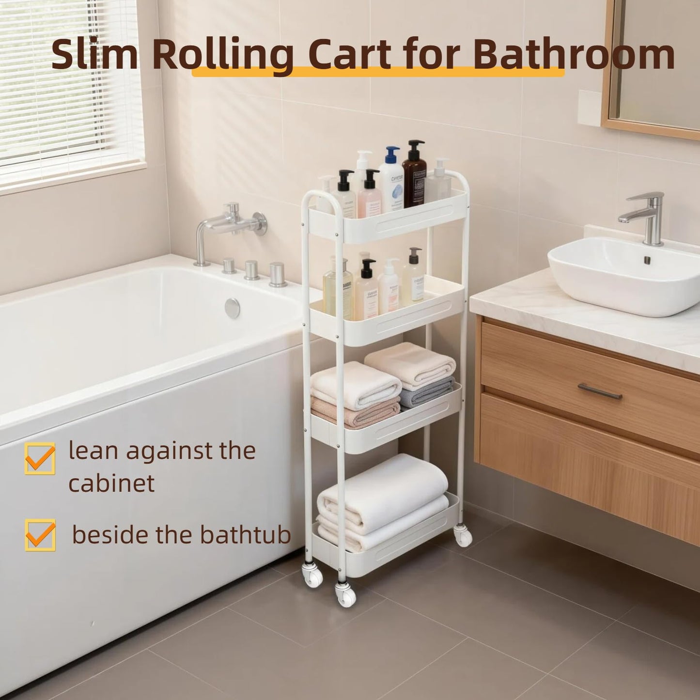 LIWNYRK 4 Tier Slim Kitchen Storage Cart for Narrow Space, 7.1'' Wide Metal Rolling cart with Wheels and Lockable Casters, Sturdy Mobile Thin Shelf for Laundry Room Between Washer and Dryer, White