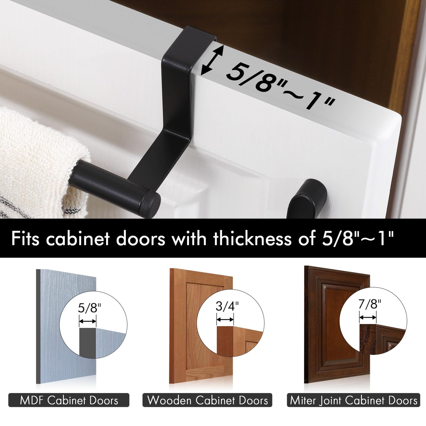 KES Over The Cabinet Door Towel Bar with Hooks, Kitchen Towel Holder with Hooks for Hanging Utensils, Over The Cabinet Door Organizer with Hook 2 Pack, Matte Black, Metal, KUR527-BK-P2