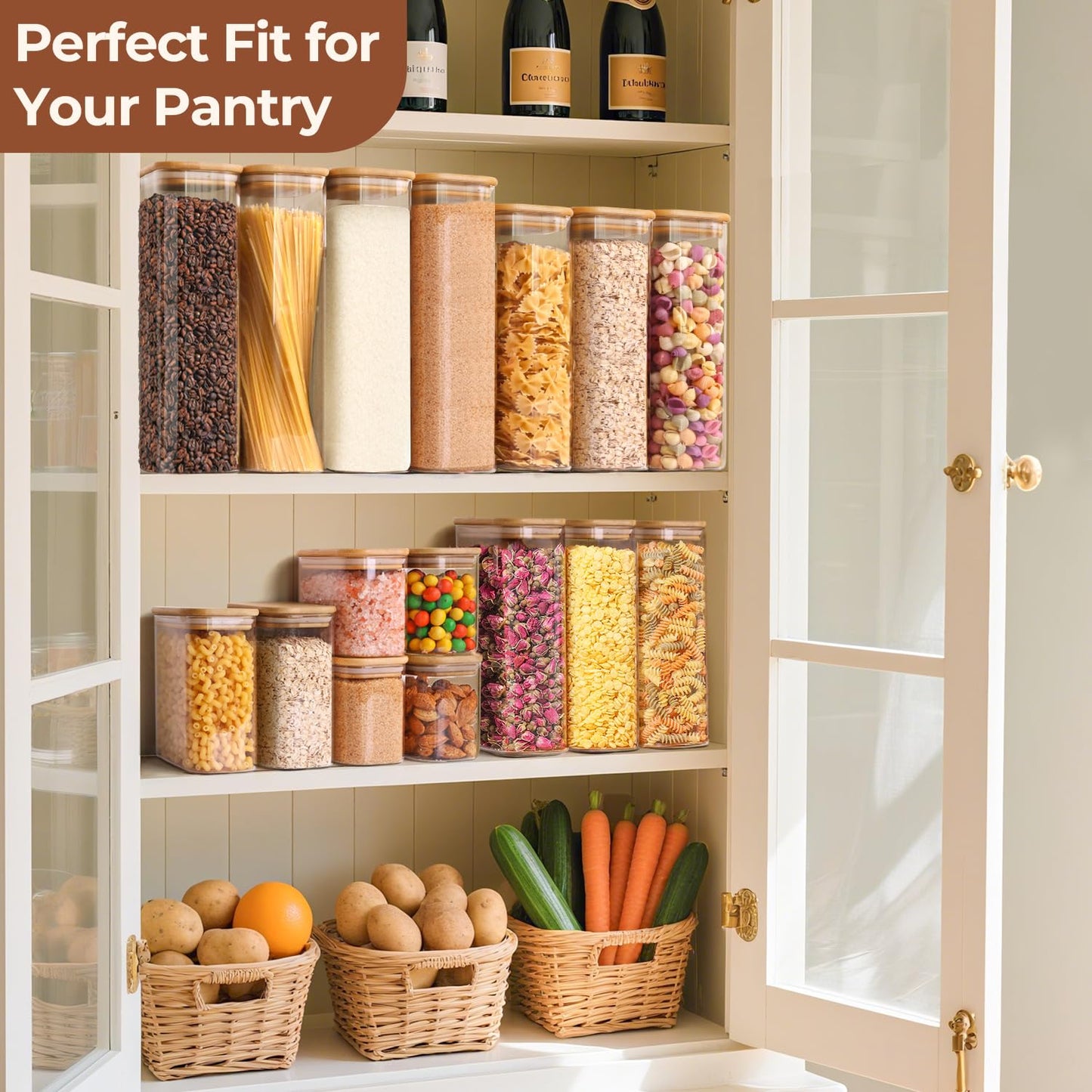 ComSaf 1.2 Qt Rectangle Glass Storage Containers with Lids, Glass Jars with Bamboo Lids, Clear Food Storage Jar, Sugar Coffee Containers, Pantry Container for Pasta Tea Candy Nut
