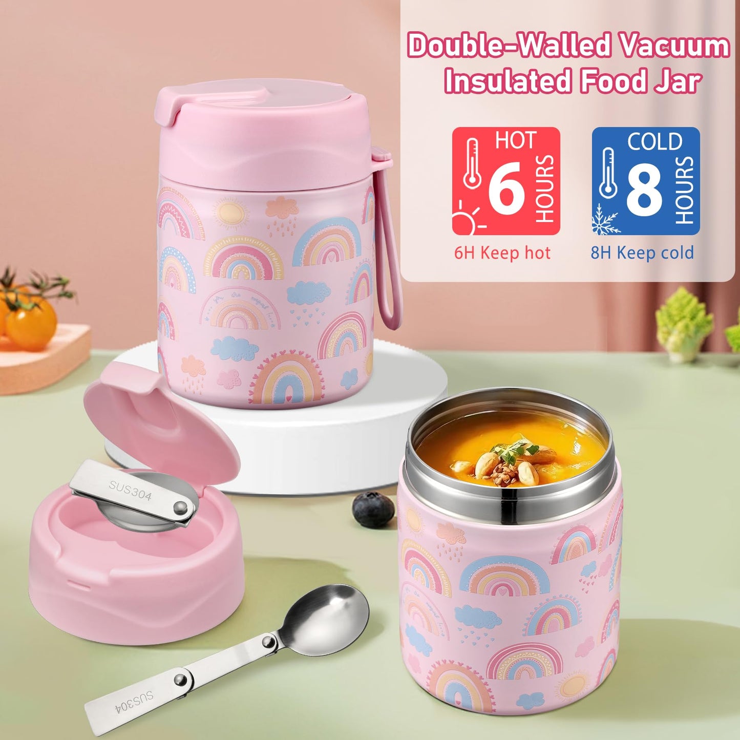 Bento Lunch Box for Kids with 17oz Soup Thermo,Insulated Tumbler Water Bottle and Insulated Lunch Bag,Leak-Proof 3 Compartment Lunch Food Container with Ice Pack for Kids to School-Rainbow