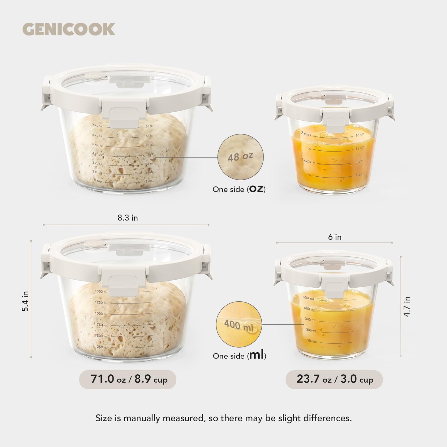 Genicook Glass Measuring Cup with Lid, 2 Pack (24 & 71 oz), BPA Free Borosilicate, Airtight Leakproof, Ideal for Sourdough Starter, Fermentation & Baking, Microwave & Oven Safe
