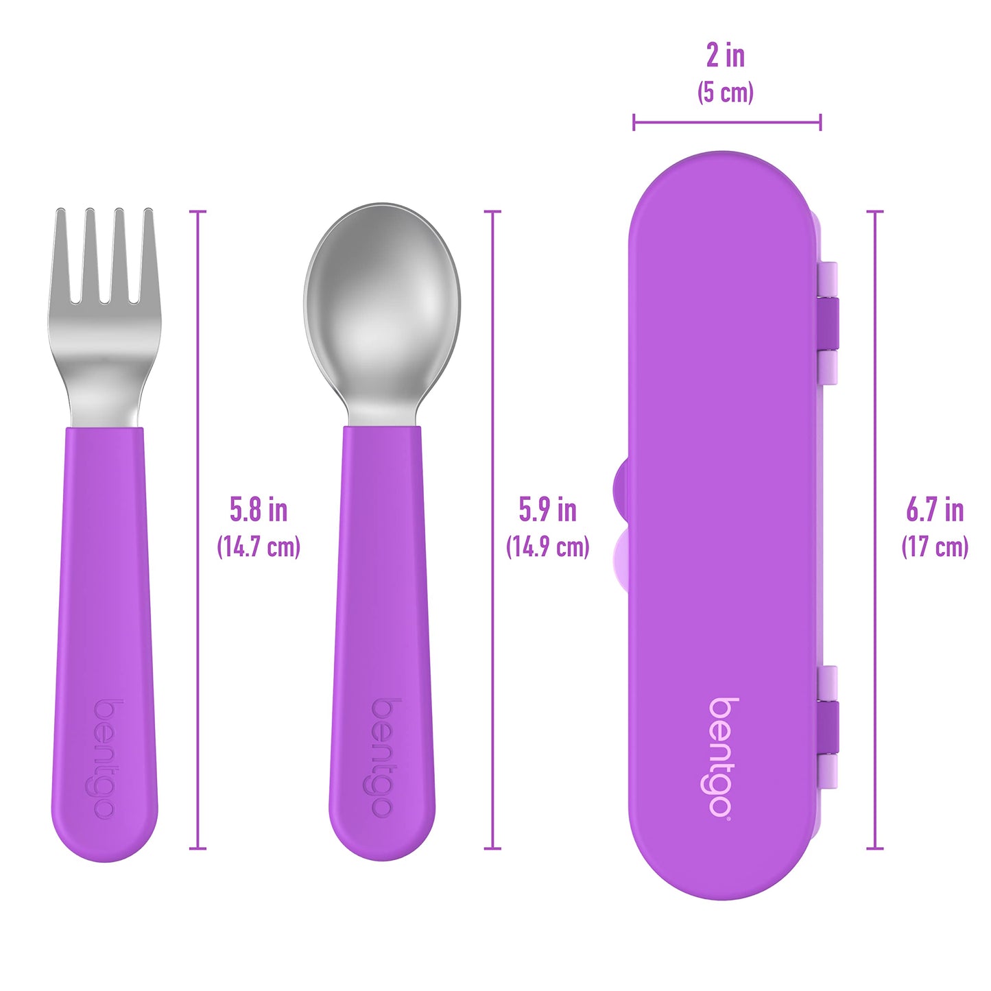 Bentgo Kids Stainless Steel Utensil Set - Reusable Fork, Spoon & Storage Case, PFAS- & BPA-Free, Easy-Grip Handles, Lightweight, Dishwasher Safe, School Lunch, Travel & Outdoors (Purple)