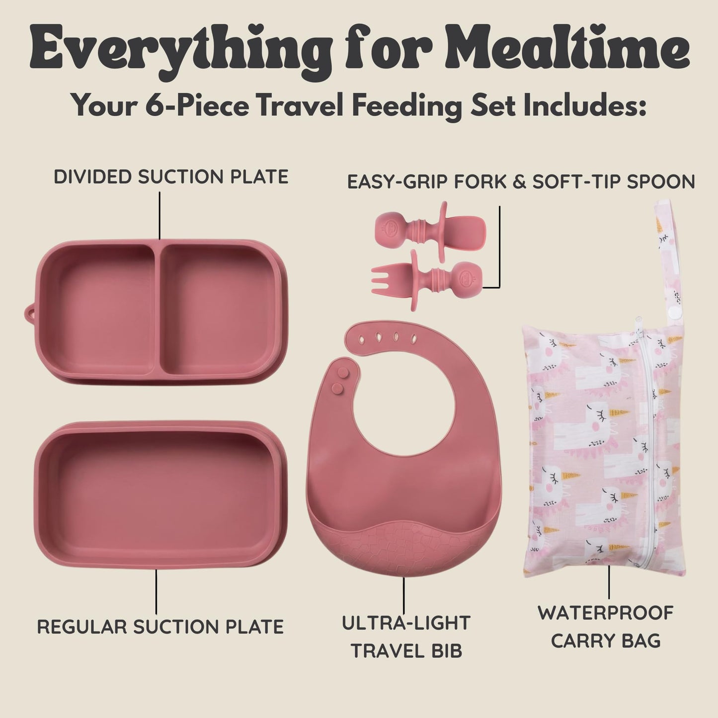 Baby Travel Essentials 6 Pc Silicone Feeding Set - Portable Toddler Plates with Suction, Baby Spoons & Foldable Bib in Carrying Case - BPA-Free Infant & Toddler Utensils for Airplanes & Eating Out