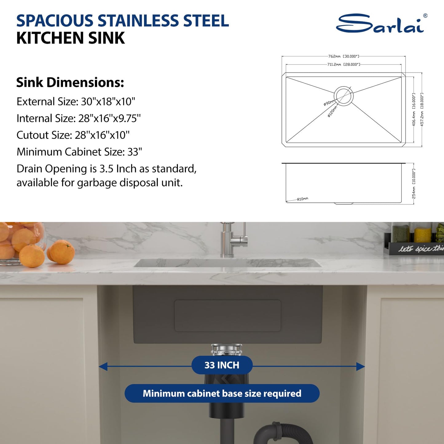 Sarlai 30 Undermount Kitchen Sink 30x18 Inch Stainless Steel Single Bowl Kitchen Sink Round Corner 16 Gauge Handmade Under Counter Sinks Basin