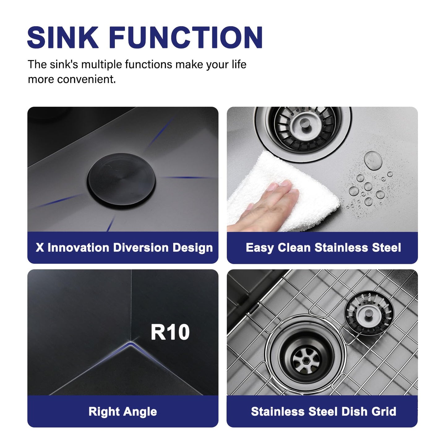 33x22 Inch Black Drop In Kitchen Sink - VAPSINT 33 Inch Top Mount Single Bowl 9 Inch Deep Handmade Workstation Sink in Gunmetal Stainless Steel with Cutting Board & Strainer