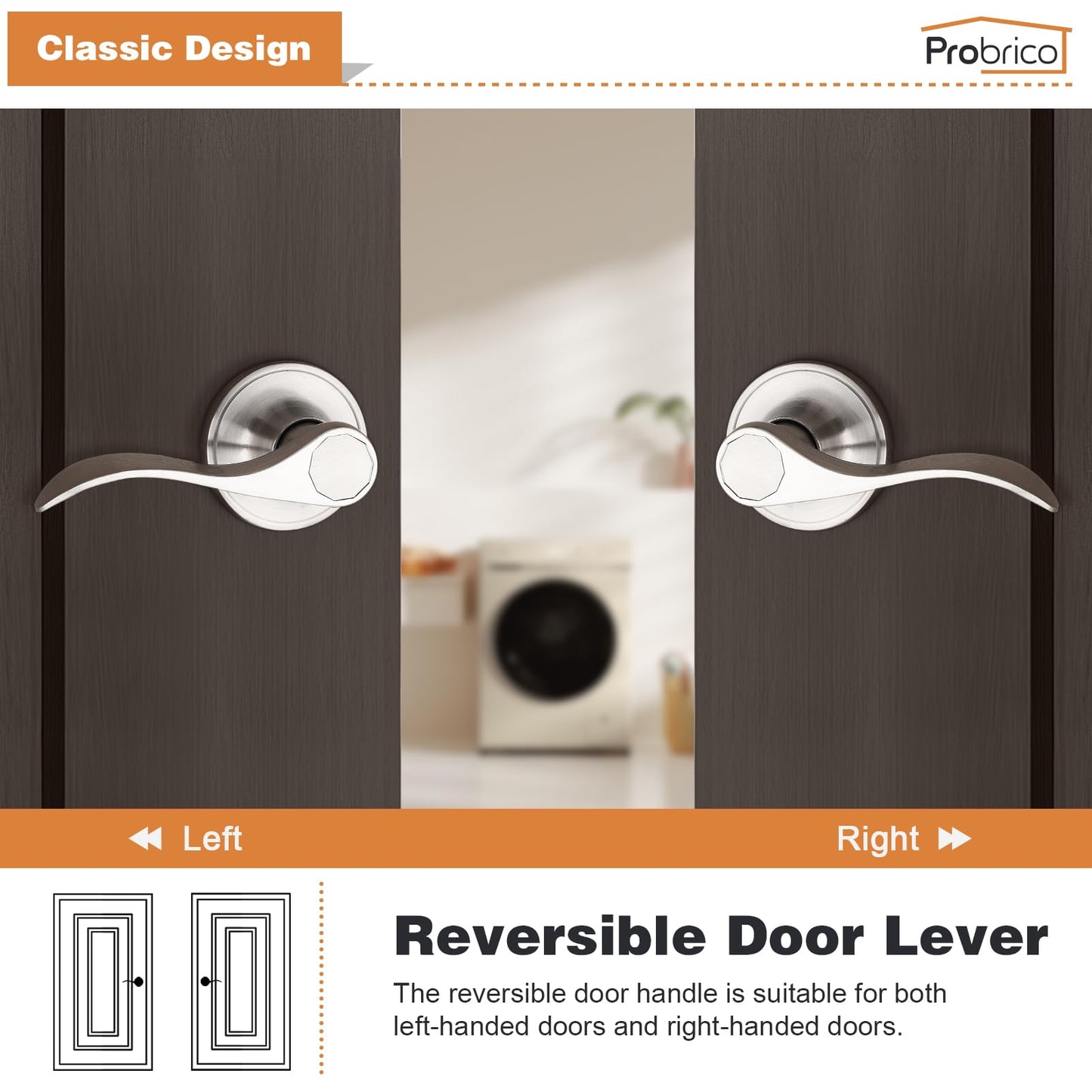 Probrico Passage Door Levers Satin Nickel Interior Door Handle for Hallway and Closet, Keyless Non-Locking Door Levers, 3 Pack