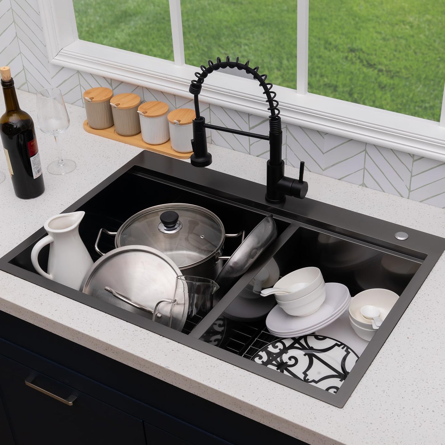 UFaucet 60/40 Drop In Double Bowl Kitchen Sink Black, 33x22 Inch Gunmetal Black Drop In Kitchen Sink Ledge Workstation 16 Gauge Stainless Steel Topmount Dual Basin with Cutting Board