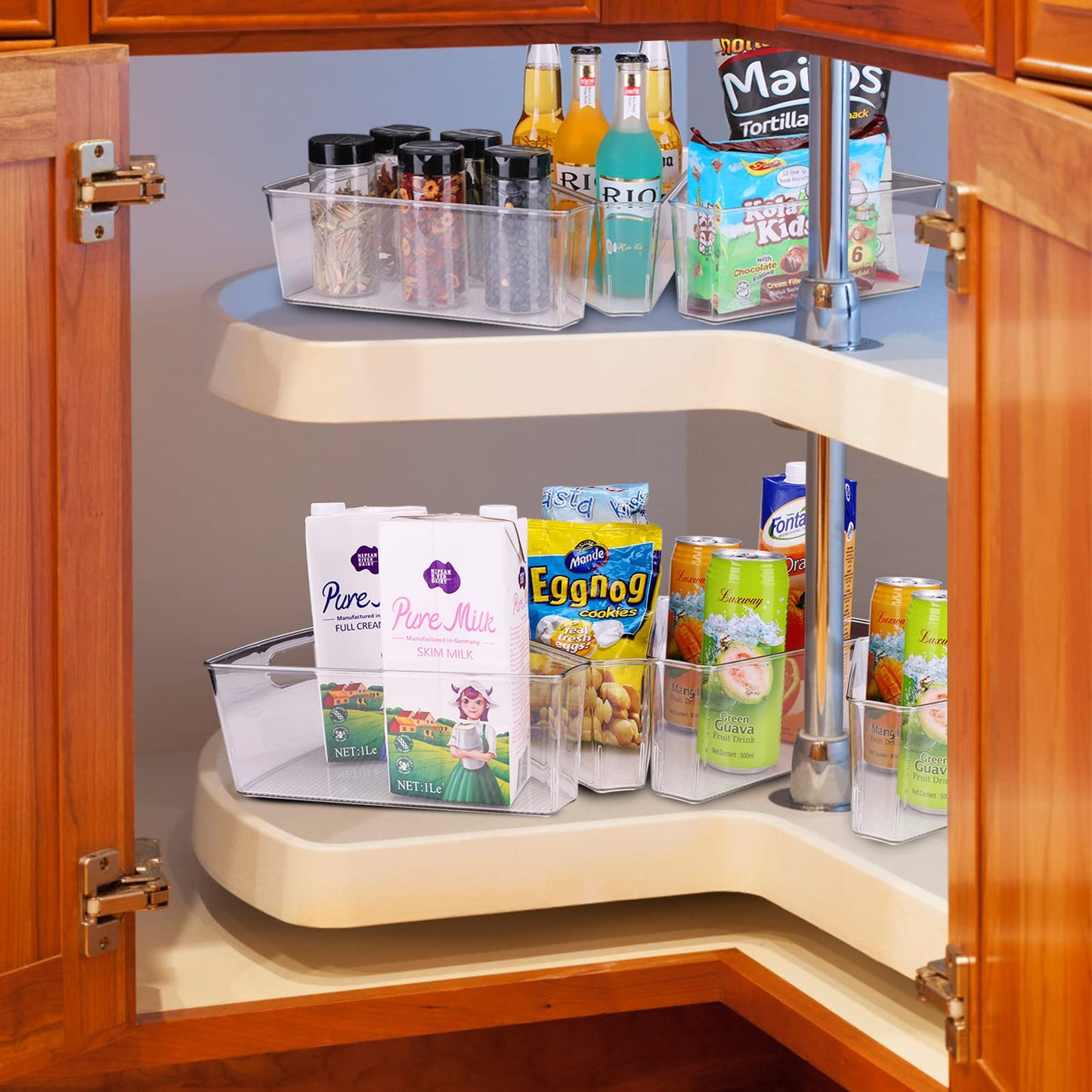 URALFA Lazy Susan Organizers Set of 8, 10"x 9.5"x 4" Corner Cabinet Organizer, Plastic Transparent Kitchen Cabinet Storage Bins with Handle, 4" Deep Container, 1/8 Wedge - Food Safe, BPA Free