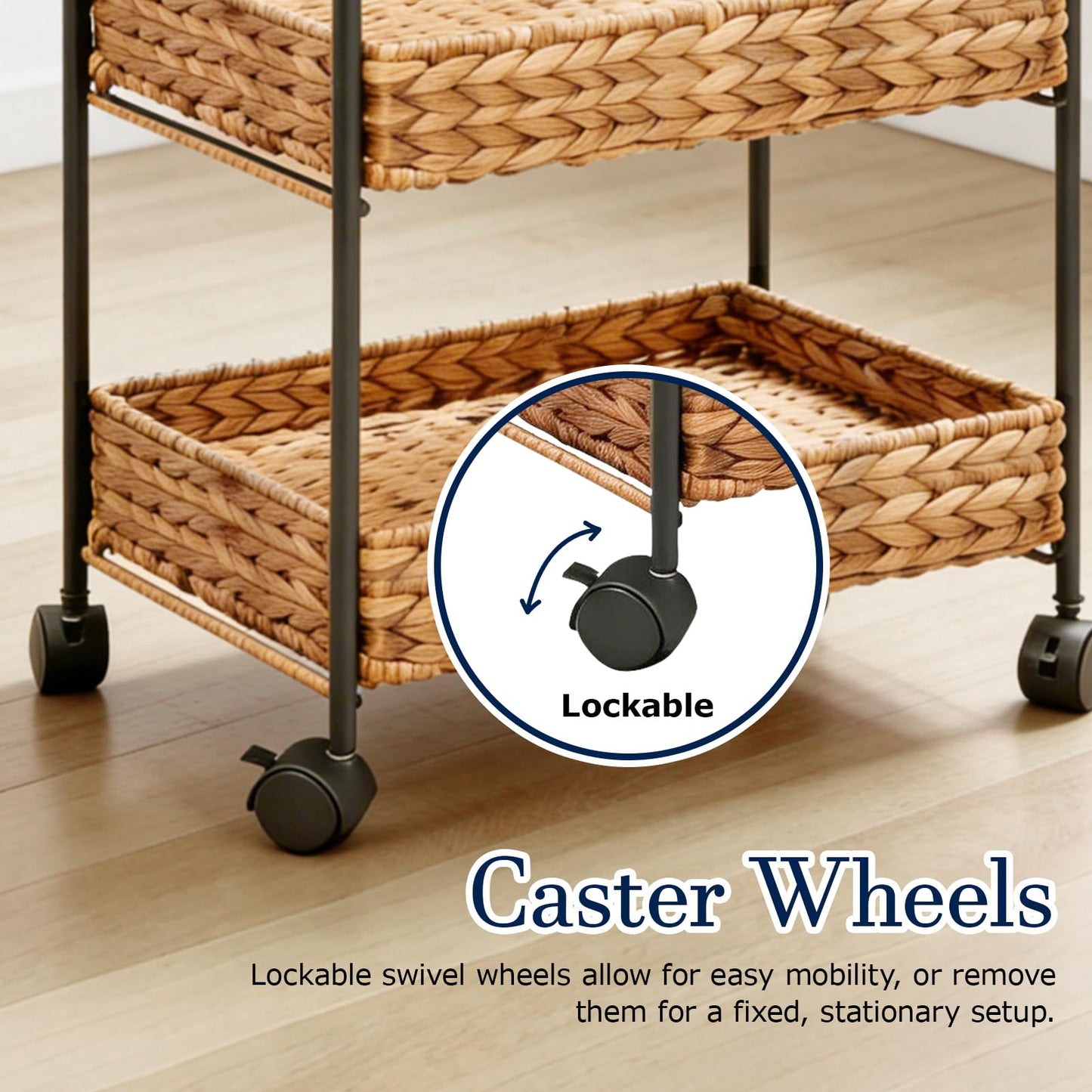 LuyaVogue 3 Tier Bathroom Cart with Woven Baskets, Bedside Cart for Baby Essentials, Boho Nursery Storage Cart, Slim Bathroom Cart Organizer, Natural Wicker Style