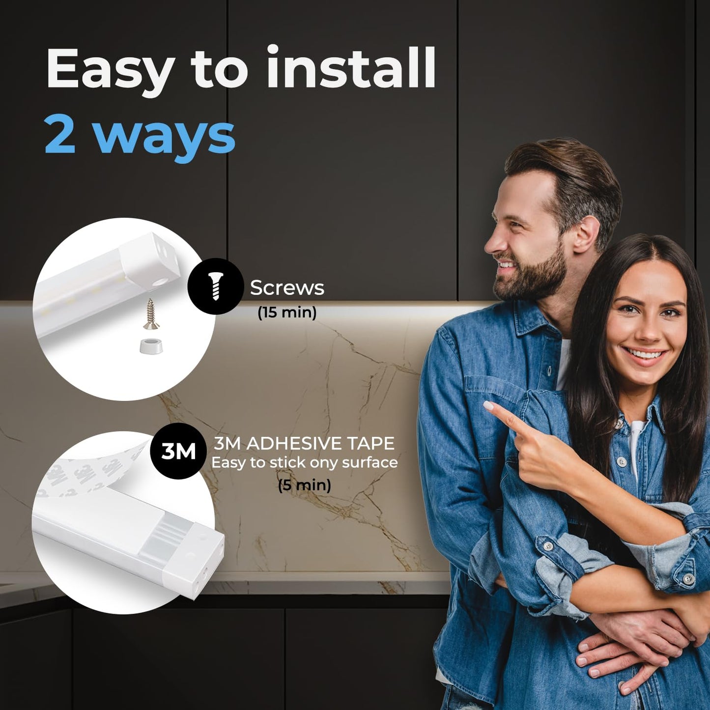 EShine Hand Wave Activated Under Cabinet LED Lighting Kit, Dimmable, 6-Pack 12 in - Touchless Dimming Control, Black Under Counter Lights for Kitchen, Garage, Office, Shelf - Warm White (3000K)