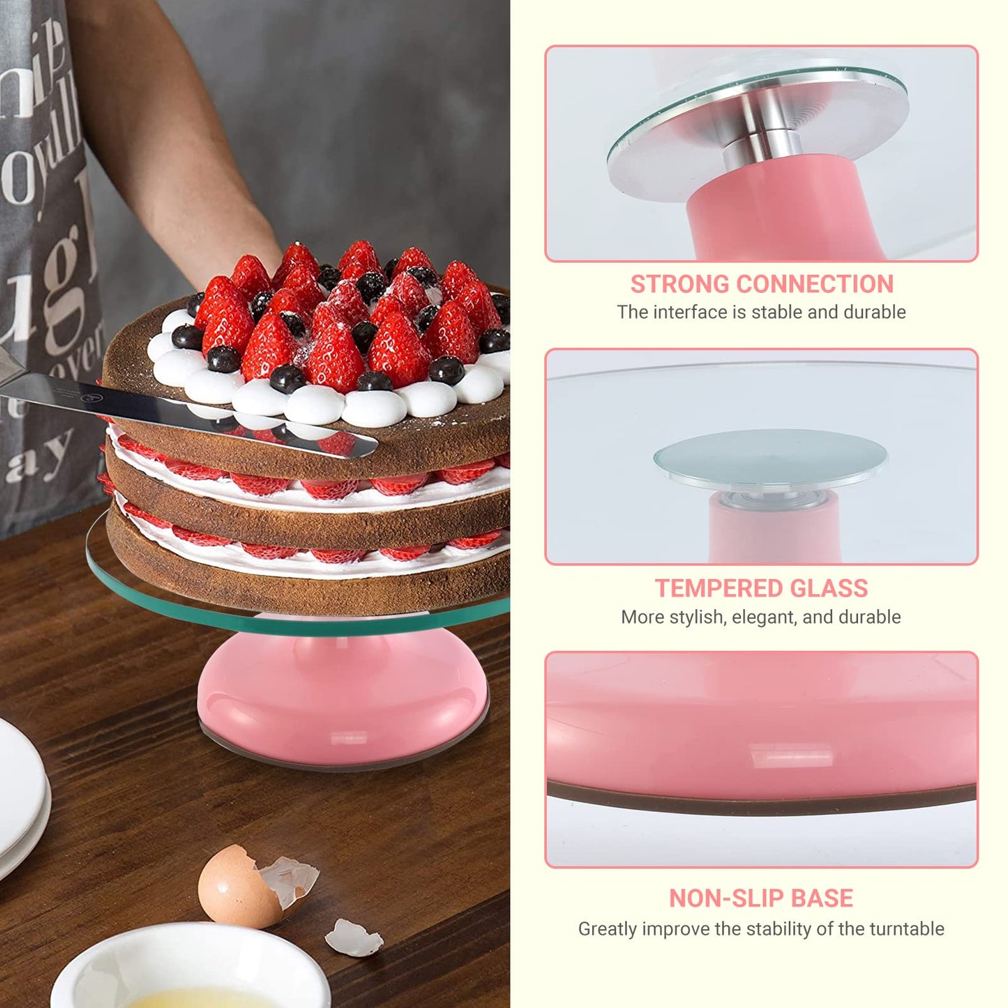 Distlety Glass Cake Turntable for Decorating: 12 Inch Cake Spinner Stand for Birthday Party Wedding Cake Decorating Supplies Tools (Pink)
