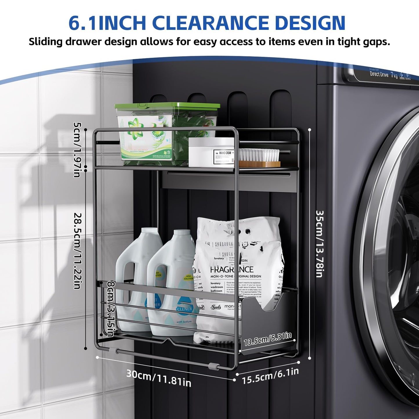 CABTE 2 Tier Magnetic Shelves for Washing Machine with Pull Out Metal Drawer,Magnetic Spice Rack for Fridge,Magnetic Rack with no Installation, Versatile Storage Organizers for Home (Black, 2 Tier)