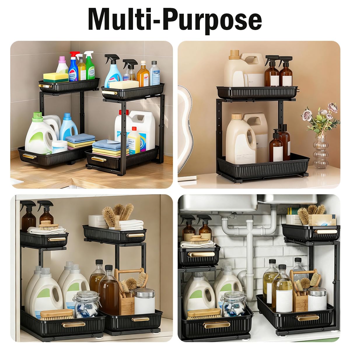 ARSTPEOE Under Sink Organizer - 2 Packs Multi-Purpose Pull-Out Storage Organizers, Slide out Pull out Metal Cabinet Organizer Shelf, Storage for Kitchen Bathroom, Black