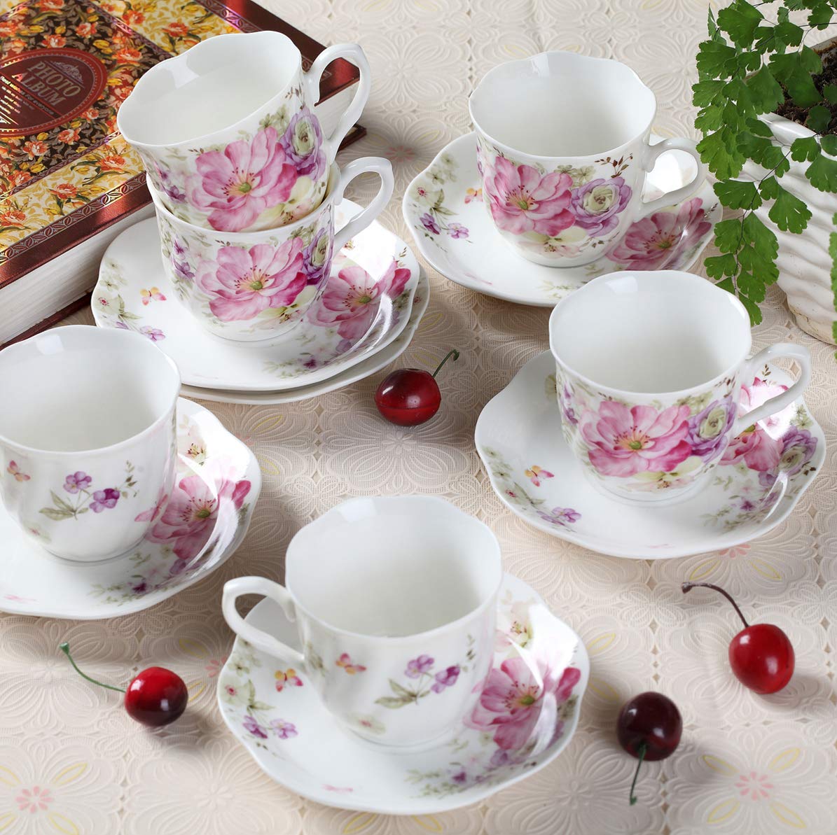 GuangYang 7 oz Porcelain Tea Cups and Saucers Set of 6, Pink Floral Design – Elegant Gift Set for Tea Lovers, Coffee, Cappuccino, Mocha, Weddings, Housewarming & Holidays
