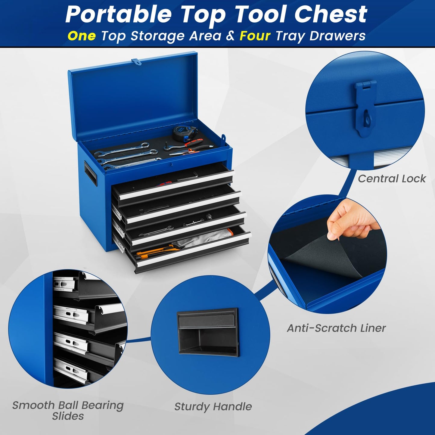 Goplus Rolling Tool Chest, 5-Drawer Tool Box Organizer w/Lockable Wheels & Sliding Drawers & Detachable Top & Adjustable Shelf, Tool Storage Cabinet for Garage Workshop (Blue)