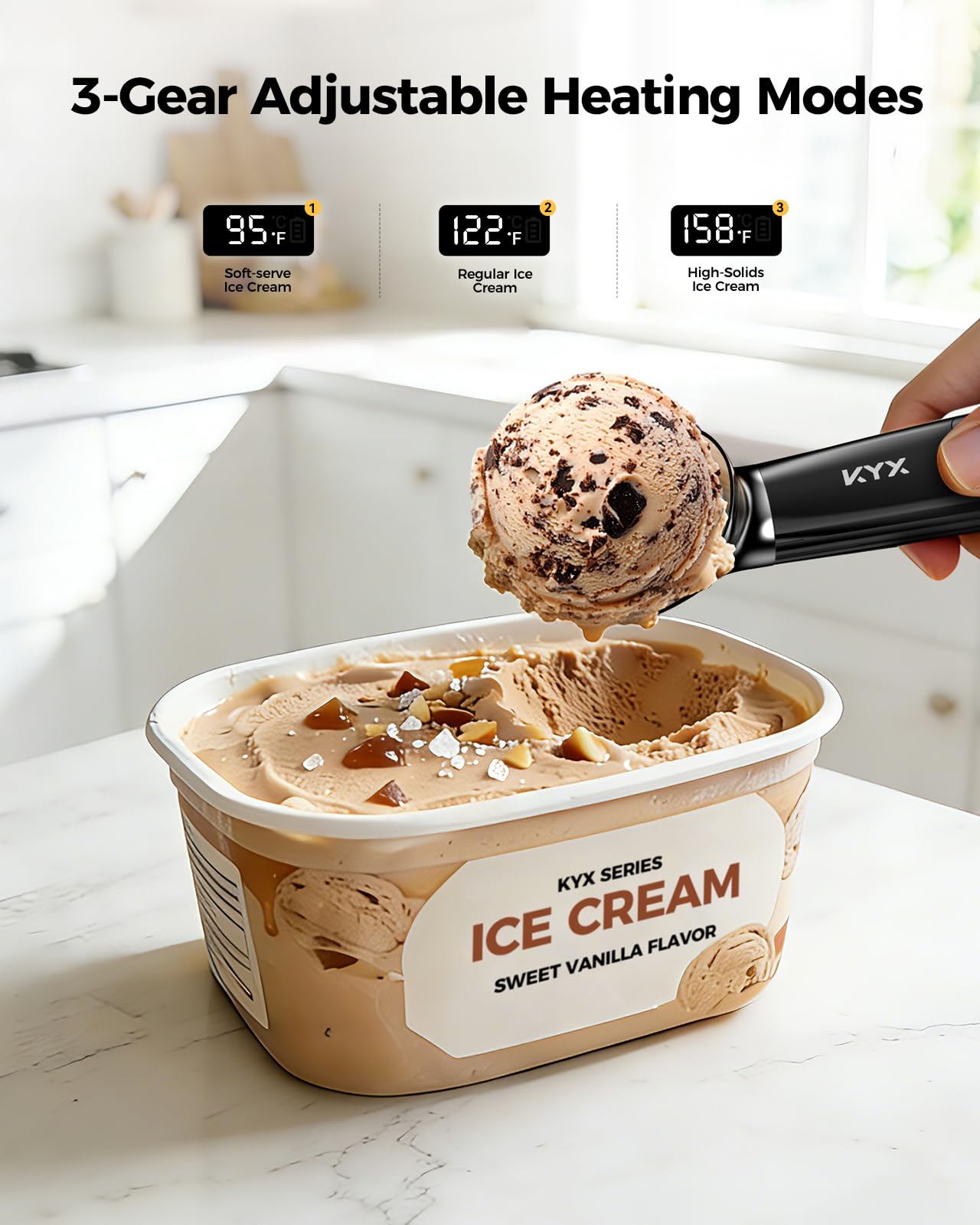 KYX Heated Ice Cream Scoop, with USB-C Charging, 3 Temperature Settings, Food-Grade Zinc Alloy, IPX6 Waterproof & Auto Shut-Off, Ideal for Scooping Hard Ice Cream, Gelato & Frozen Desserts