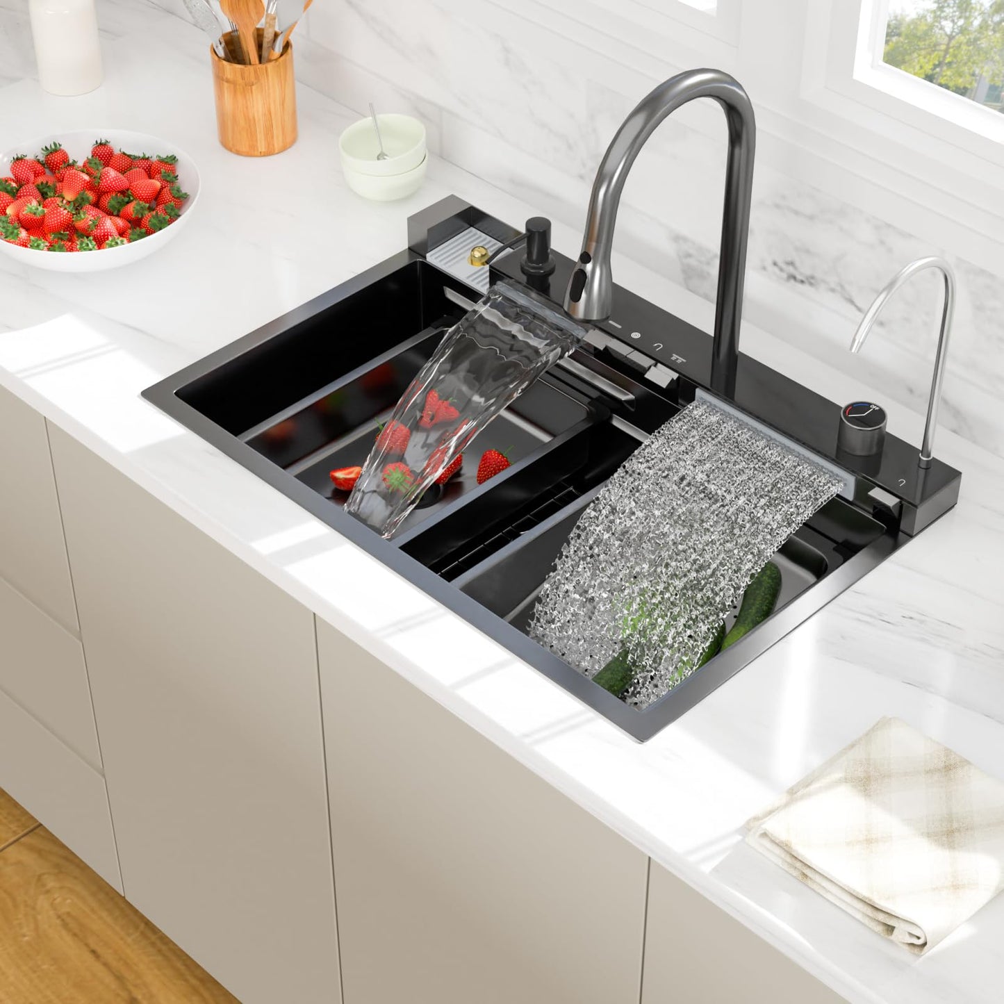 30 Inch Waterfall Kitchen Sink - Beslend 30x19 Drop In Waterfall Sink Nano Black Workstation Smart Sinks 16 Gauge Stainless Steel Single Bowl Black Basin with Faucet Combo
