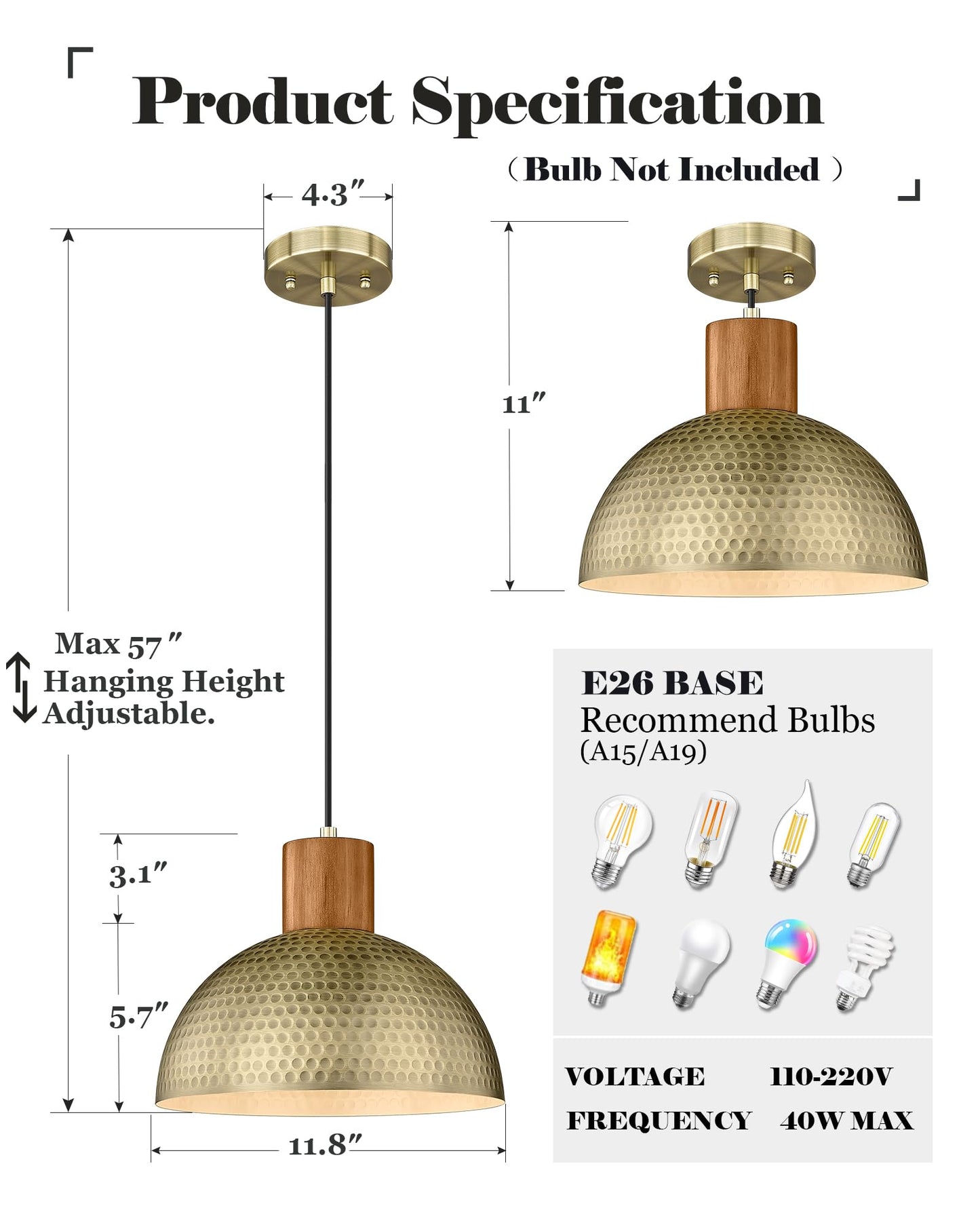 ELYONA 2 Pack Hammered Pendant Lights 12” Vintage Metal & Wood Dome Hanging Lamp Antique Gold Industrial Kitchen Pendant Light Fixtures for Island, Farmhouse, Dining Room, Sink, Hallway, Brushed Brass