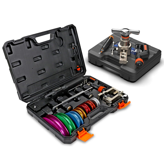 CARVALAX Tube Bender Set and 45° Eccentric Flaring Tool Kit, Ratcheting Bender w/Reverse Bending Adapters & 7 Colored Heads for 1/4”–7/8”, 6-19mm & 1/4"-3/4" Flaring Dies for HVAC