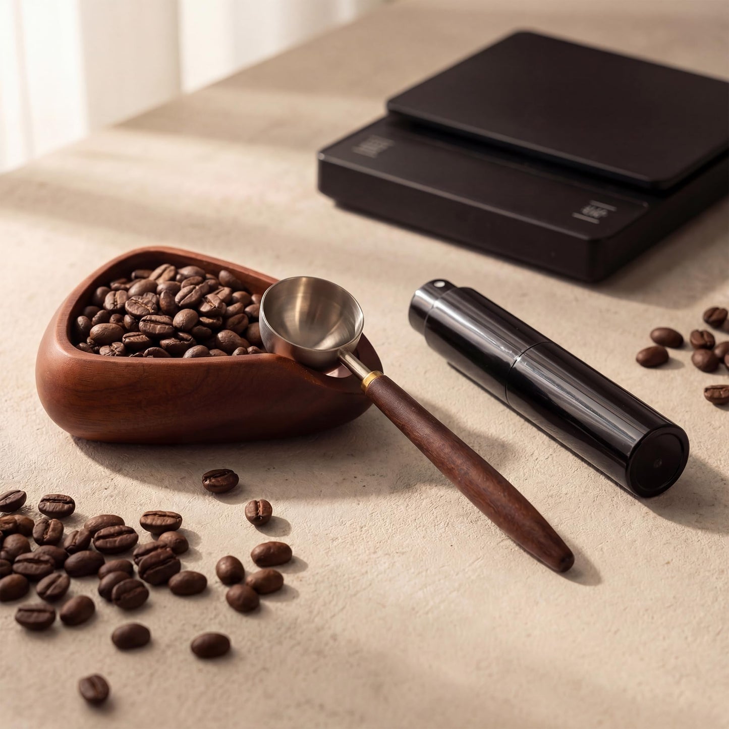 Coffee Bean Dosing Cup and Spray Bottle Set Black Walnut Espresso Accessories Kit with Static Reduction Spray Bottle Wooden Measuring Tray for Coffee Beans Grounds Tea
