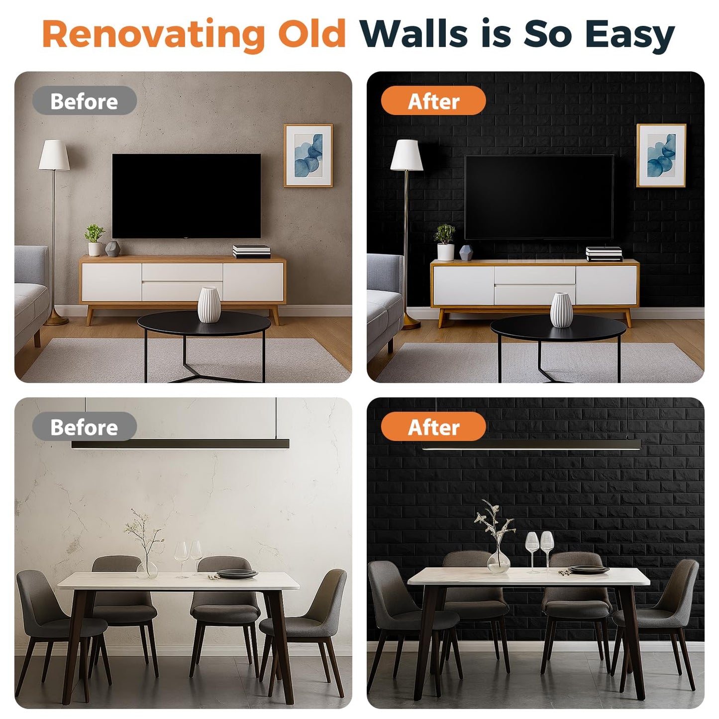 Circloophs 3D Wall Panels Stick and Peel, Black Brick Printable 3D Wallpaper Stick and Peel Self Adhesive Waterproof Foam Faux Brick Paneling for Bedroom, Bathroom, Kitchen, Fireplace (11, Black)