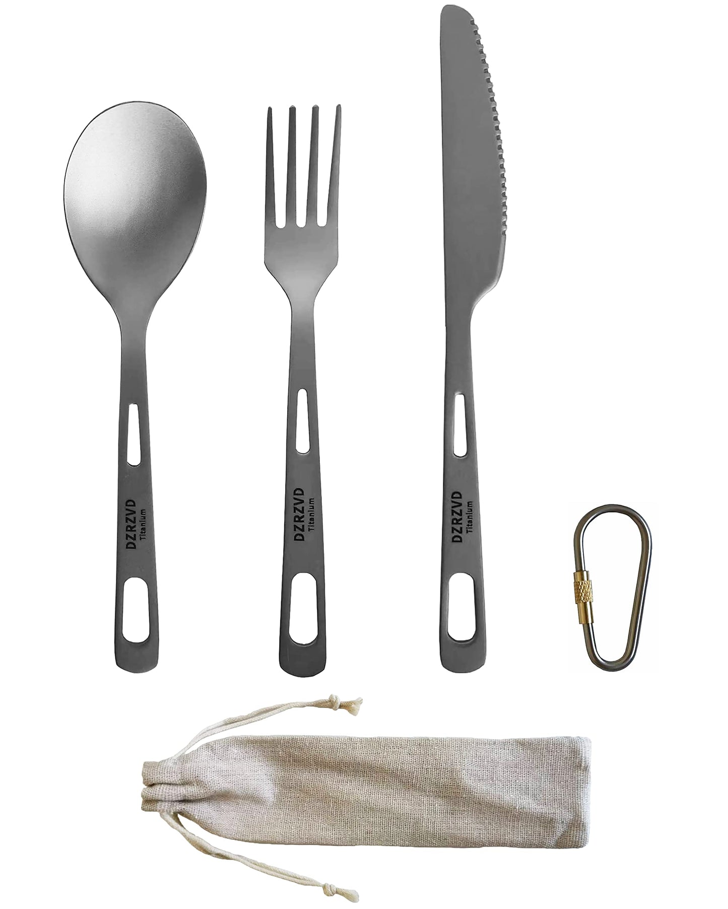 DZRZVD Titanium Utensils Set, Ultra-light Titanium Spoon Fork Knife with Carabiner, Camping Dishware, Traveling Dinnerware, Backpacking Miss Kit, Portable Cutlery for Outdoors Hiking Coffee