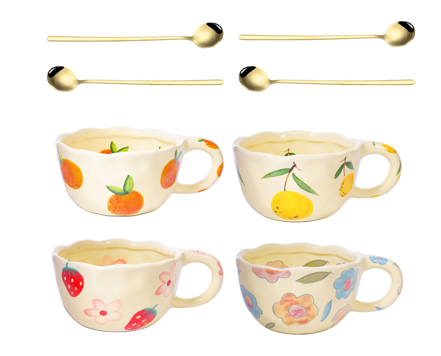 4 pcs Ceramic Coffee Mug 8.5oz Cute Floral Coffee Mug Retro Floral Cup with Handle Spoon Irregular Latte Art Cup Valentine's Day Gift Office Home Dishwasher and Microwave Safe (4-piece set A)