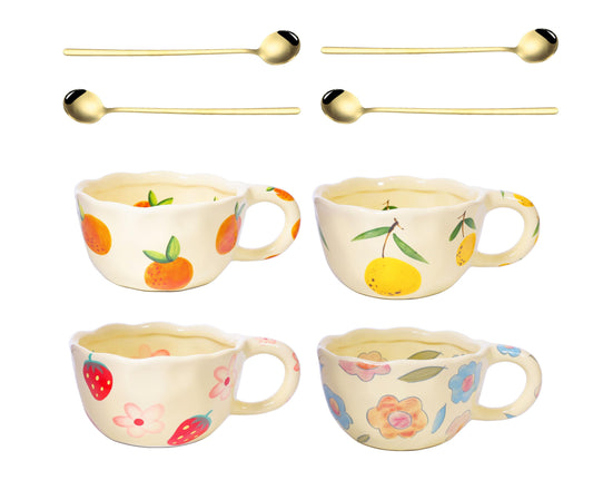 4 pcs Ceramic Coffee Mug 8.5oz Cute Floral Coffee Mug Retro Floral Cup with Handle Spoon Irregular Latte Art Cup Valentine's Day Gift Office Home Dishwasher and Microwave Safe (4-piece set A)