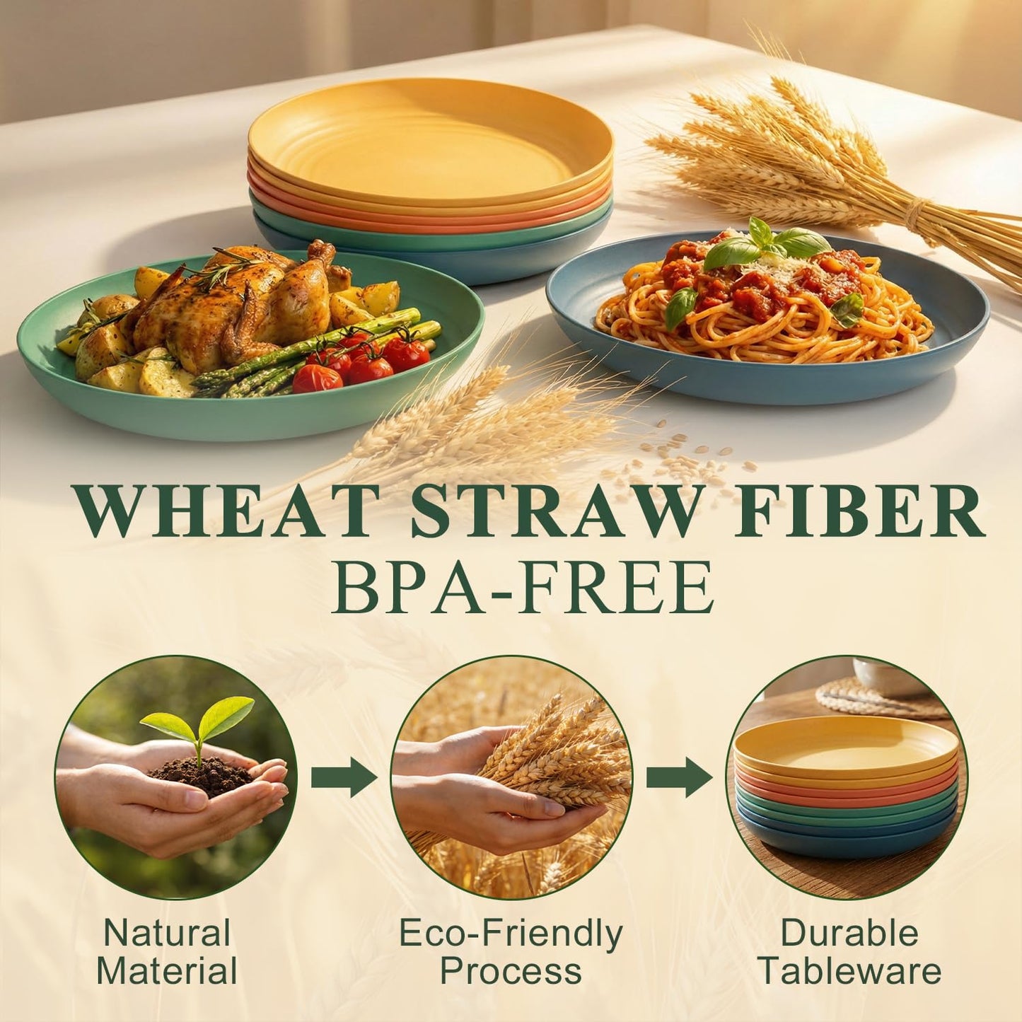 BUSOKIP Wheat Straw Plates Set for 8, Unbreakable & Lightweight Dinner Plates 9 Inch, Plastic Plates Reusable, Microwave and Dishwasher Safe Kitchen Plate for Outdoor, Camping, Picnic- Multi