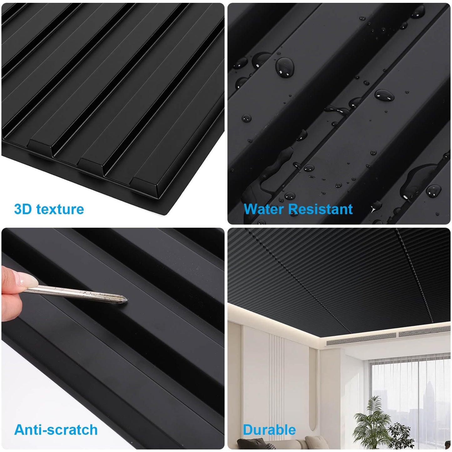 Ceiling Panel 2x4 Feet, PVC Decorative Ceiling Covering Panel, 3D Striped Wall Panel Indoor Wall Decoration, 12 Piece Pack Waterproof Ceiling Panel for Office/Basement/Kitchen/Recording Studio,Black