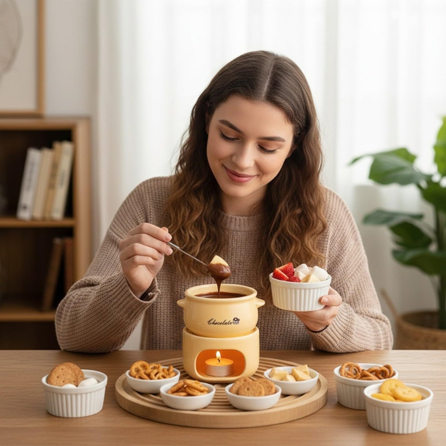 HELAIMAY Sweet Fondue Cup with Fork, Cheese Desserts Marshmallows Chocolate Melting Cup, Ceramic Fondue Mug Set for Date Night Party Wedding or Holiday Gift, Cream, 1Piece