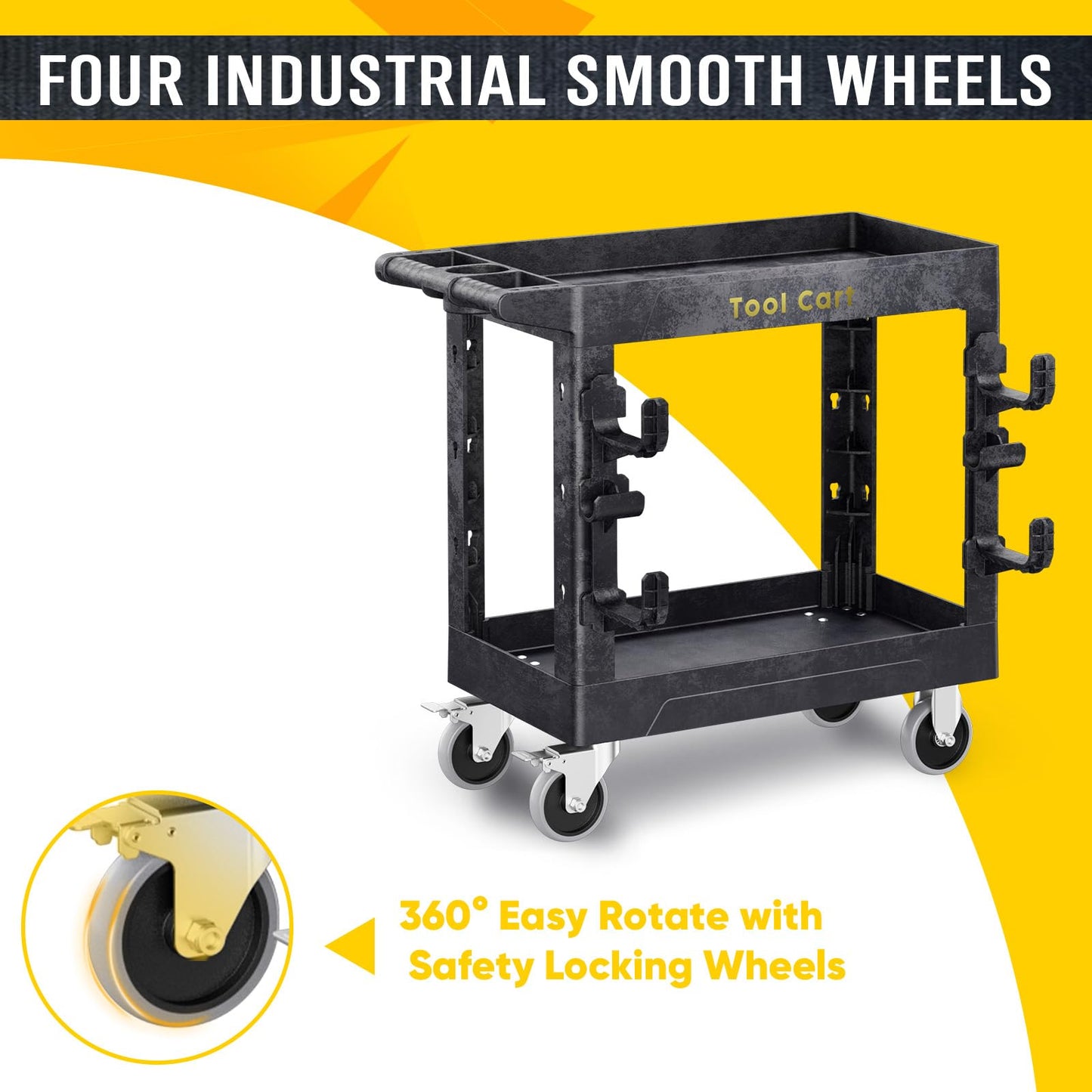 BSMTEK 850lbs Heavy Duty Plastic Utility Cart 34 x 17 Inch-Heavy Work Rolling Cart with Upgraded Side Tube Holder Hooks, 2 Tier Service Cart with Full Swivel Wheel for Warehouse,Garage, Cleaning,Black