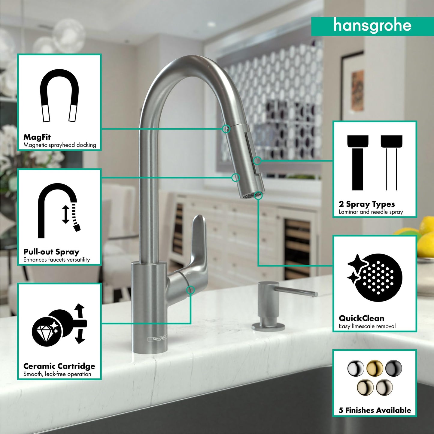 hansgrohe Focus Stainless Steel High Arc Kitchen Faucet, Kitchen Faucets with Pull Down Sprayer, Faucet for Kitchen Sink, Magnetic Docking Spray Head, Stainless Steel Optic 04505800, 1.75
