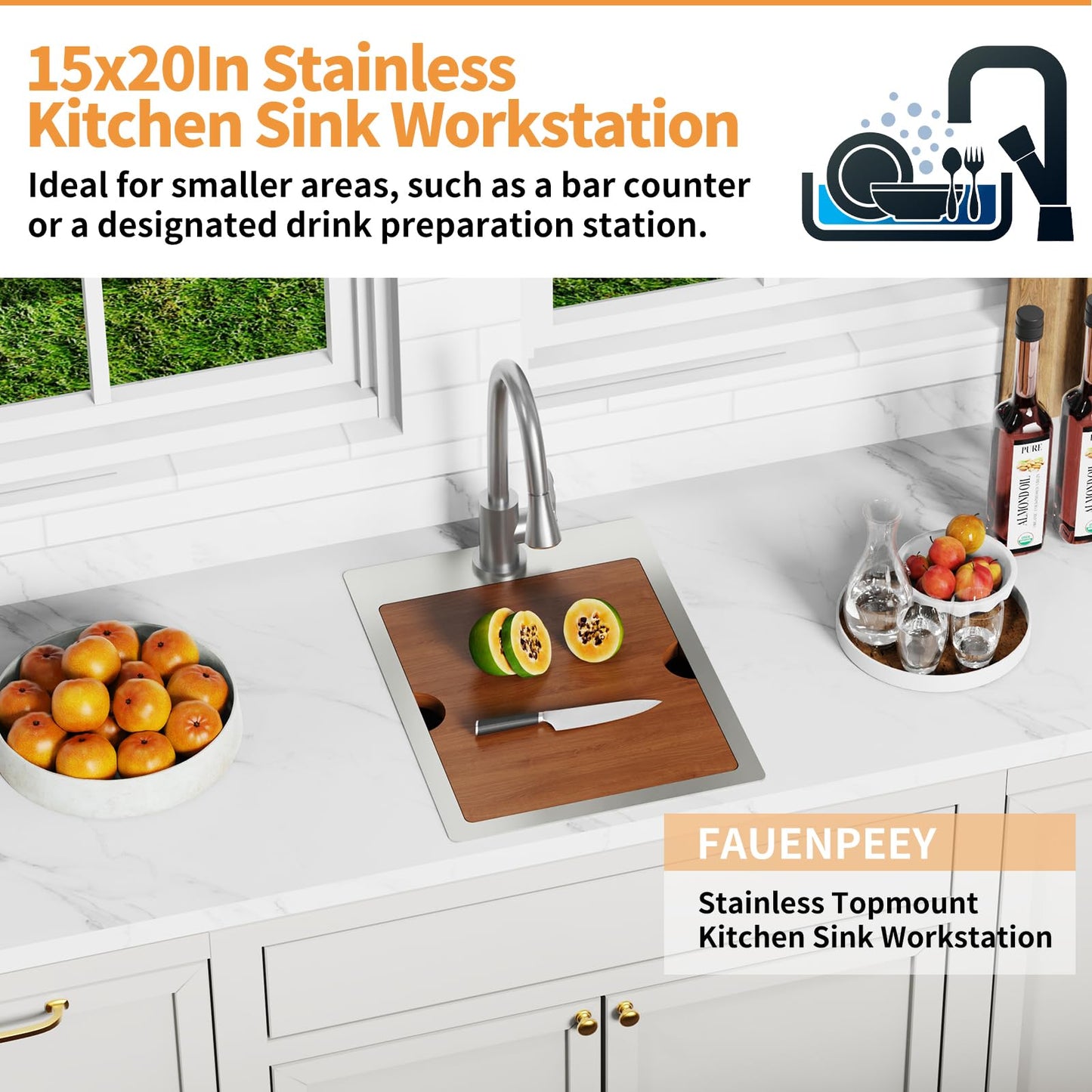 15x20In Kitchen And Bar Workstation Sink- Small Stainless Steel Drop In Single Bowl Bar Sink Built-in Ledge Topmount Workstation Sink With Accessory-SS Grid Cutting Board,Silicon Mat,Drain Assembly