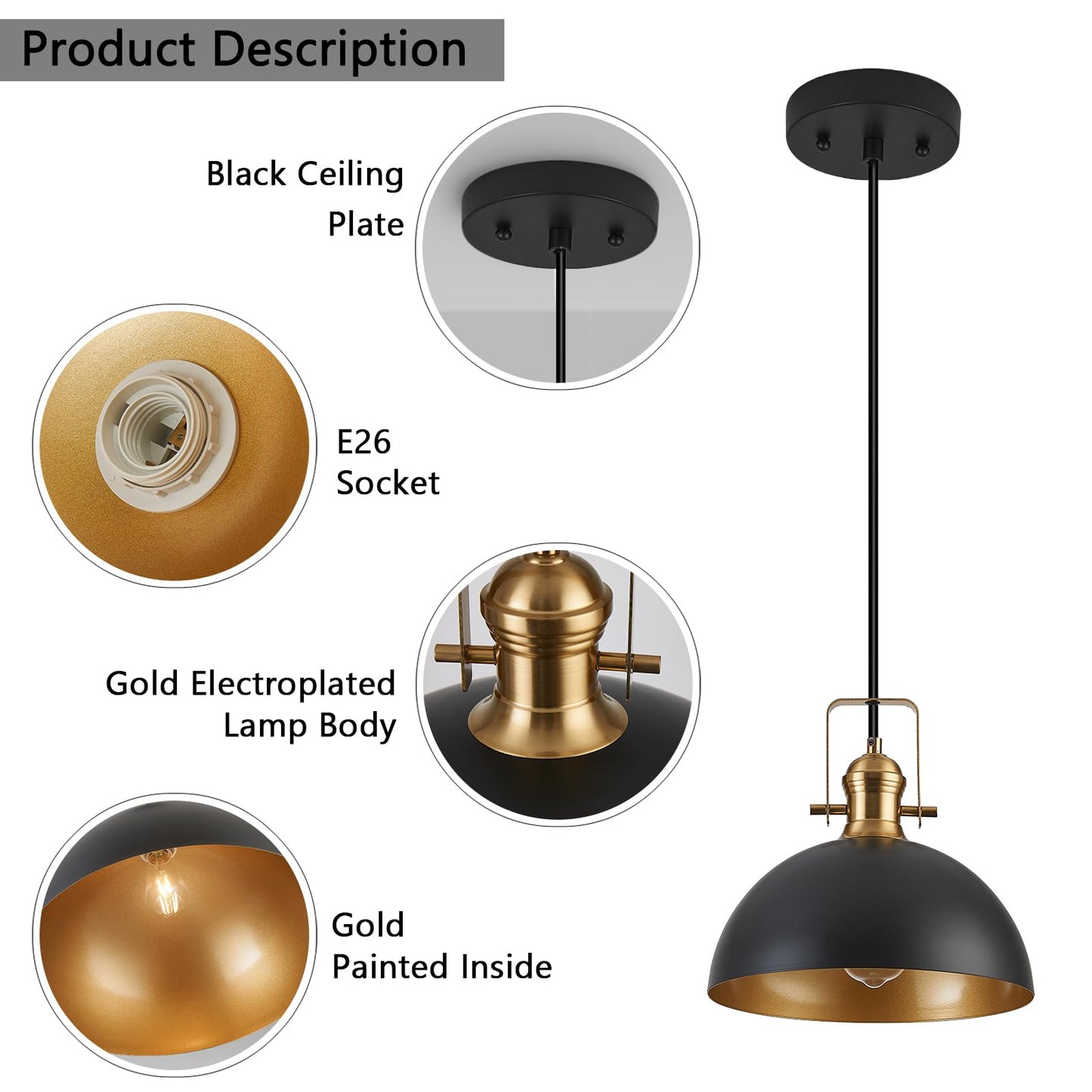 Haolaike 12 Inch Pendant Lights for Kitchen Island Matte Blacks Farmhouse Pendant Light fixtures Adjustable Height Dome Hanging Light for Dinning Room Bedroom Hallway,3 Packs