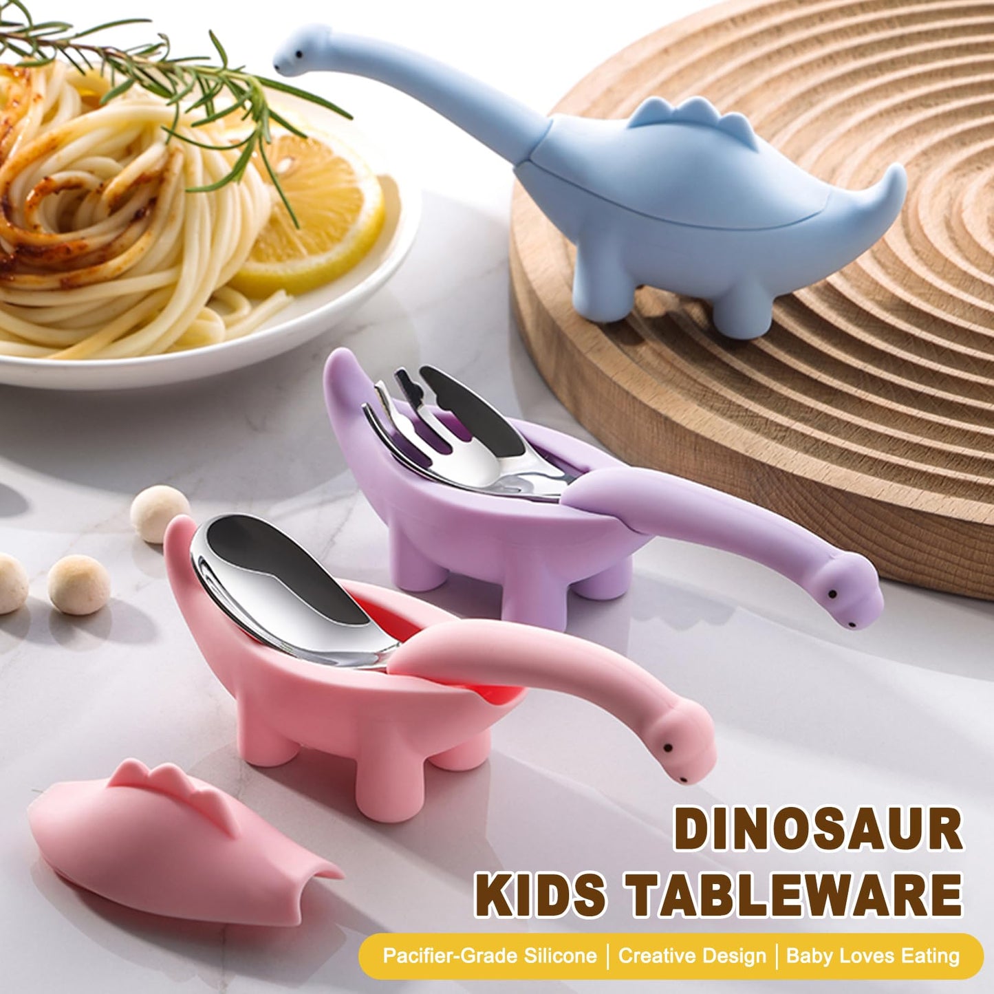 Toddler Utensils 2-Pack, Stainless Steel Baby Fork and Spoon Set with Cute Dinosaur Silicone Handles, Baby Kids Utensils, Children Safe Forks and Spoons, Dishwasher Safe (Blue)