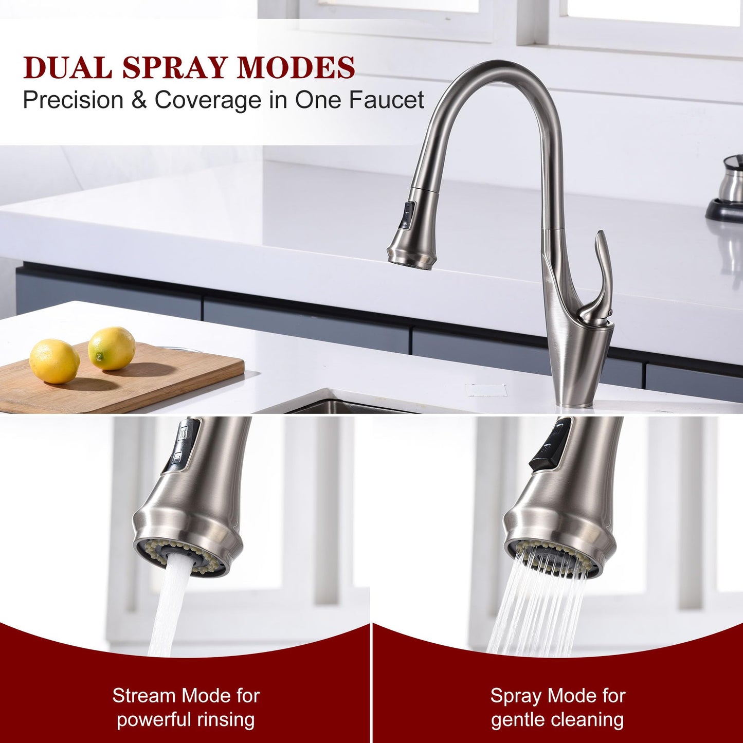 sumerain Brushed Nickel Single Handle Pull Out Kitchen Faucet, Stainless Steel 1 Hole Kitchen Sink Faucet with Pull Down Sprayer