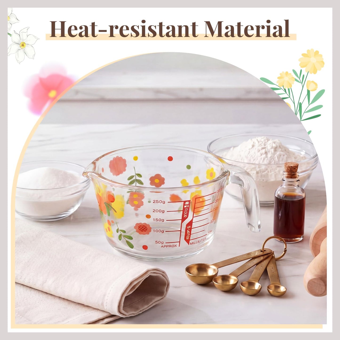 Domensi 17 OZ Floral Glass Measuring Cup with Handle and Pouring Spout Clear Milk Cup for Kitchen Baking, Heat Resistant Glass Pitcher for Coffee Tea Microwave Safe Milk Jug(Cute Floral)