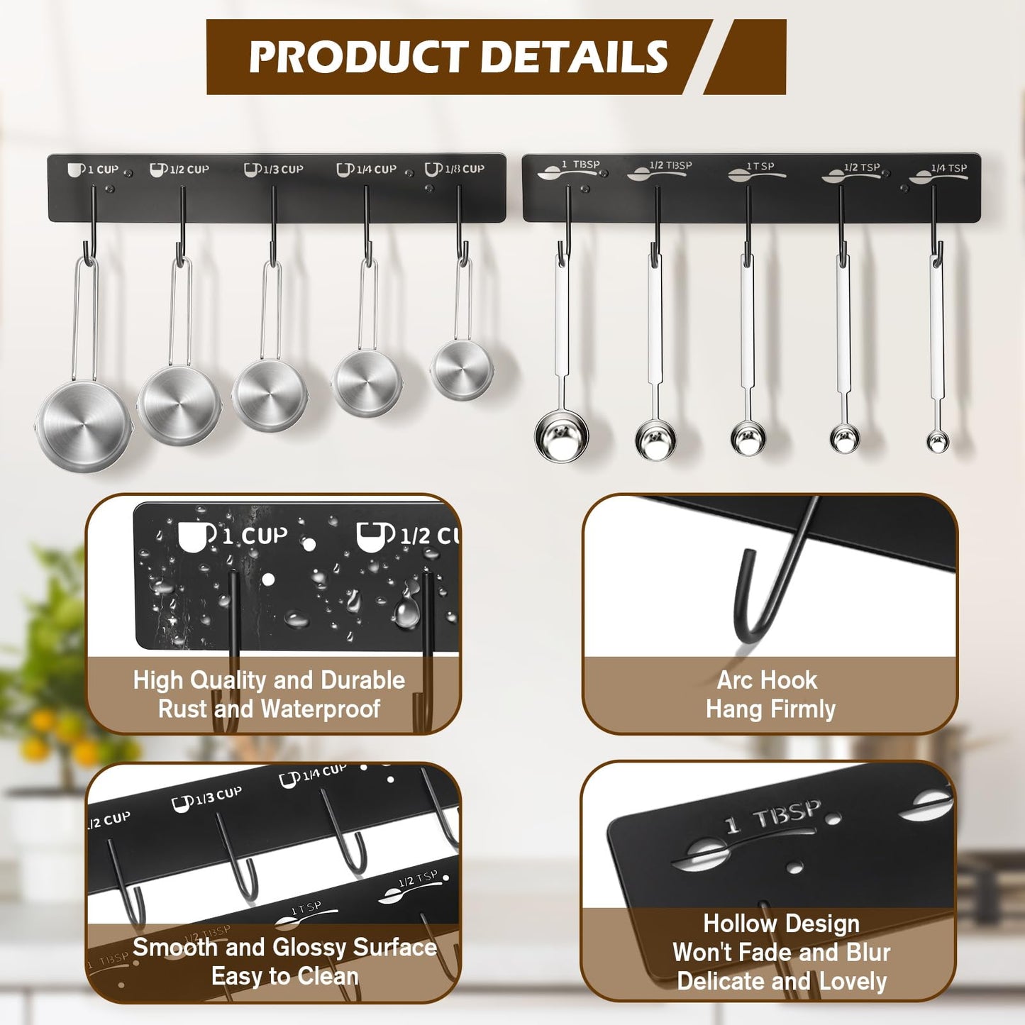 ProtectHobby 2 Pack Measuring Cups and Spoons Hanging Rack, Black Hanging Cups and Spoons Rack, Space Saving Kitchen Utensil Holder, Including Screw and Adhesive Mounting