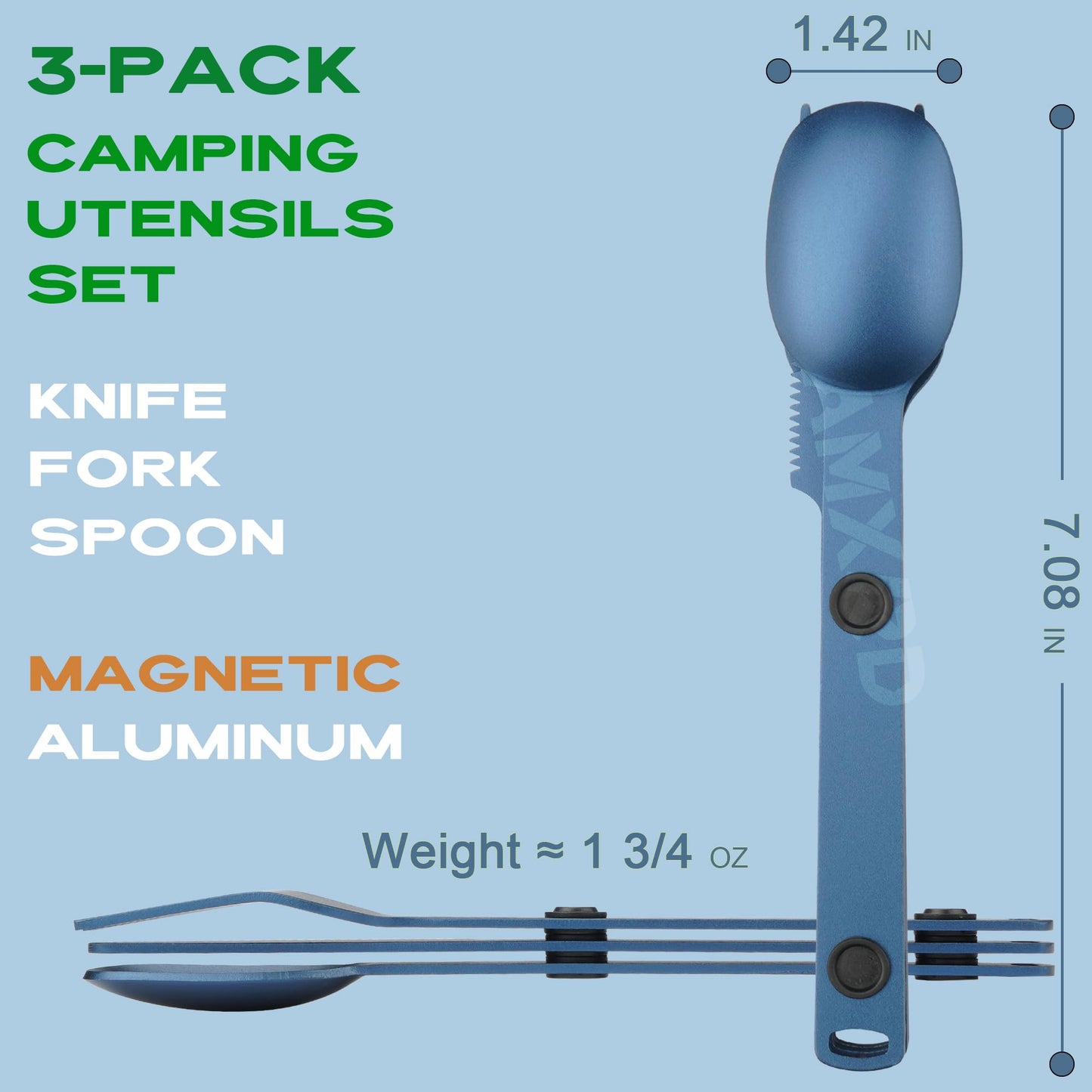 Magnetic Camping Utensils Set, Portable & Reusable Metal Travel Flatware, Camping Cutlery Set, Knife, Fork & Spoon, 3-PACK, Blue
