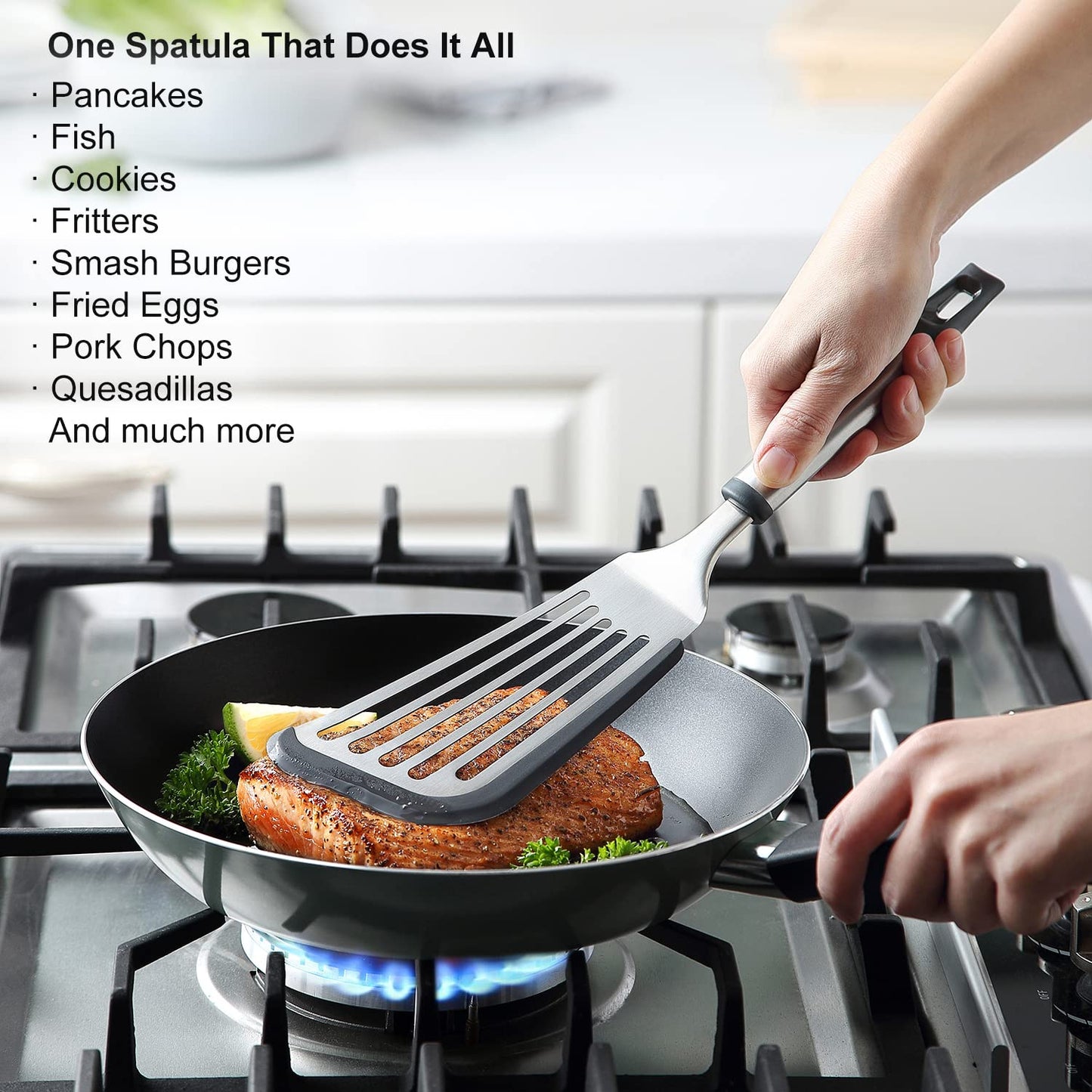 Lebabo Silicone Spatula - Fish Spatula for Non Stick Frying Pan - Flexible Slotted Turner for Cooking and Flipping - Stainless Steel Egg Flipper with Silicone Edge - Heat Resistant - Dishwasher Safe