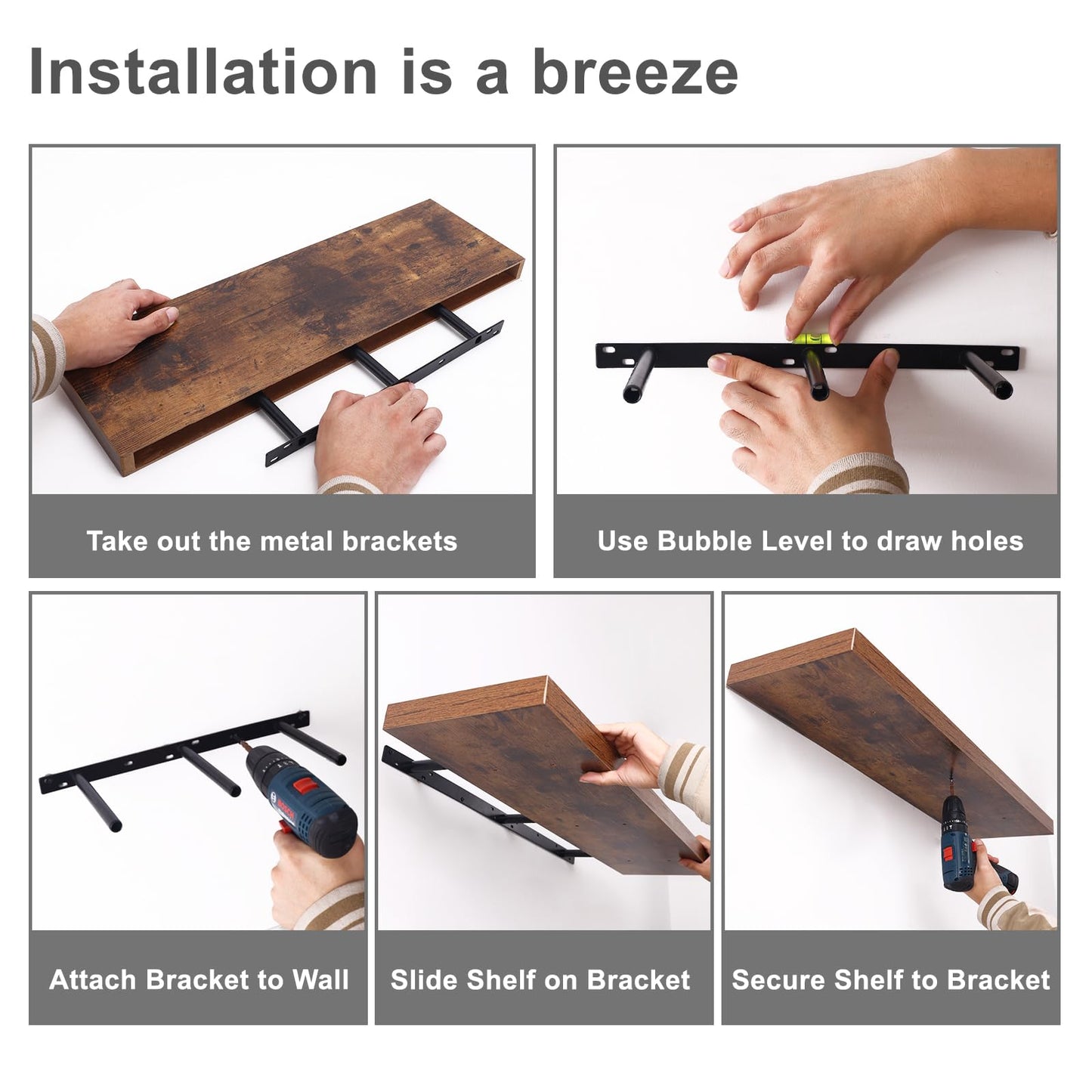 Fixwal Wood Floating Shelves for Wall, 22" Long Wall Mounted Shelves for Living Room, Bedroom, Bathroom and Kitchen, Wall Shelves for Storage, Books, Room Decor (Rustic Brown, Set of 2)